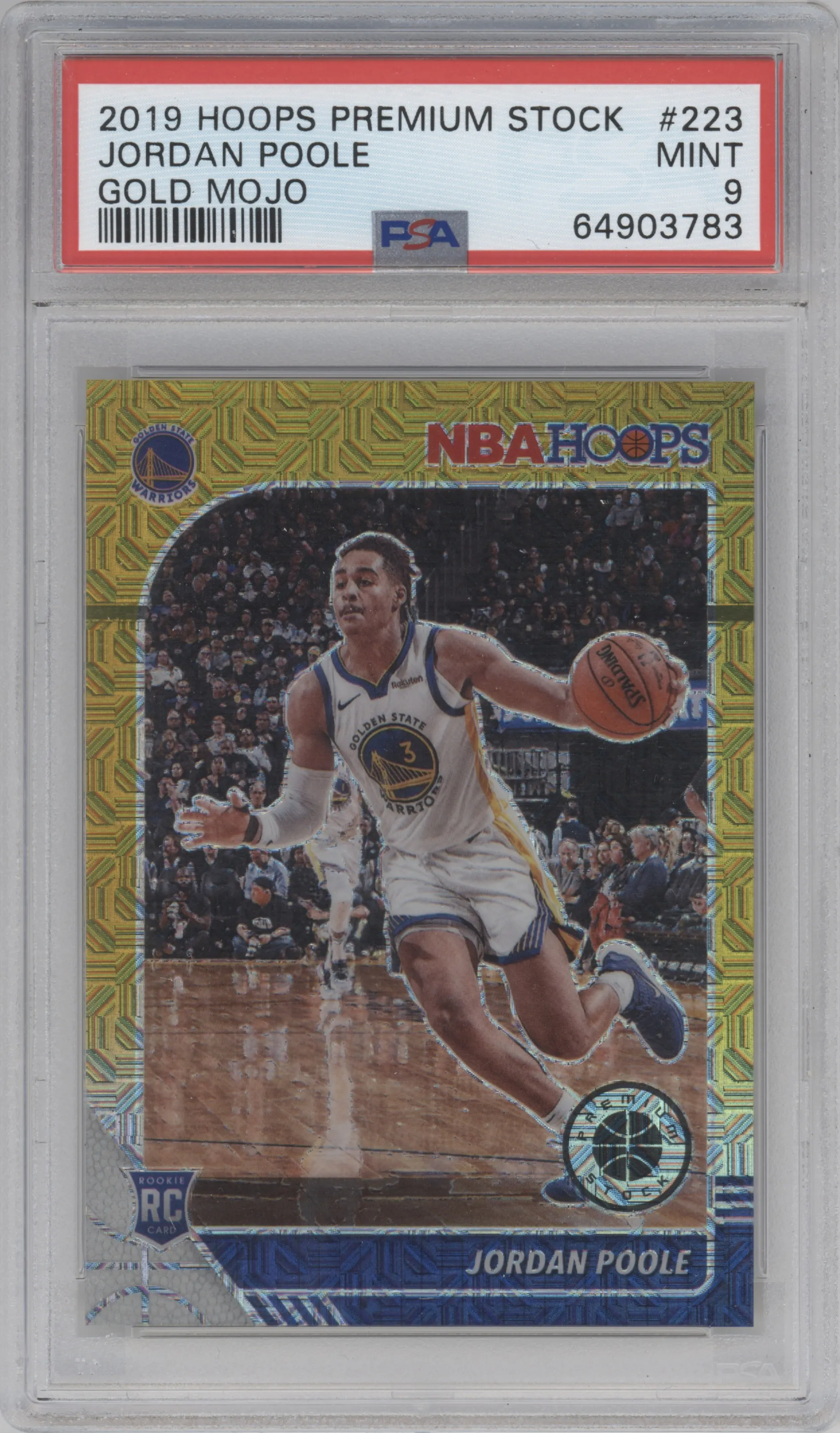 Jordan Poole from the 2019-20 Panini Hoops Premium Stock set featuring a Gold Mojo parallel graded by PSA and given an overall grade of 9.