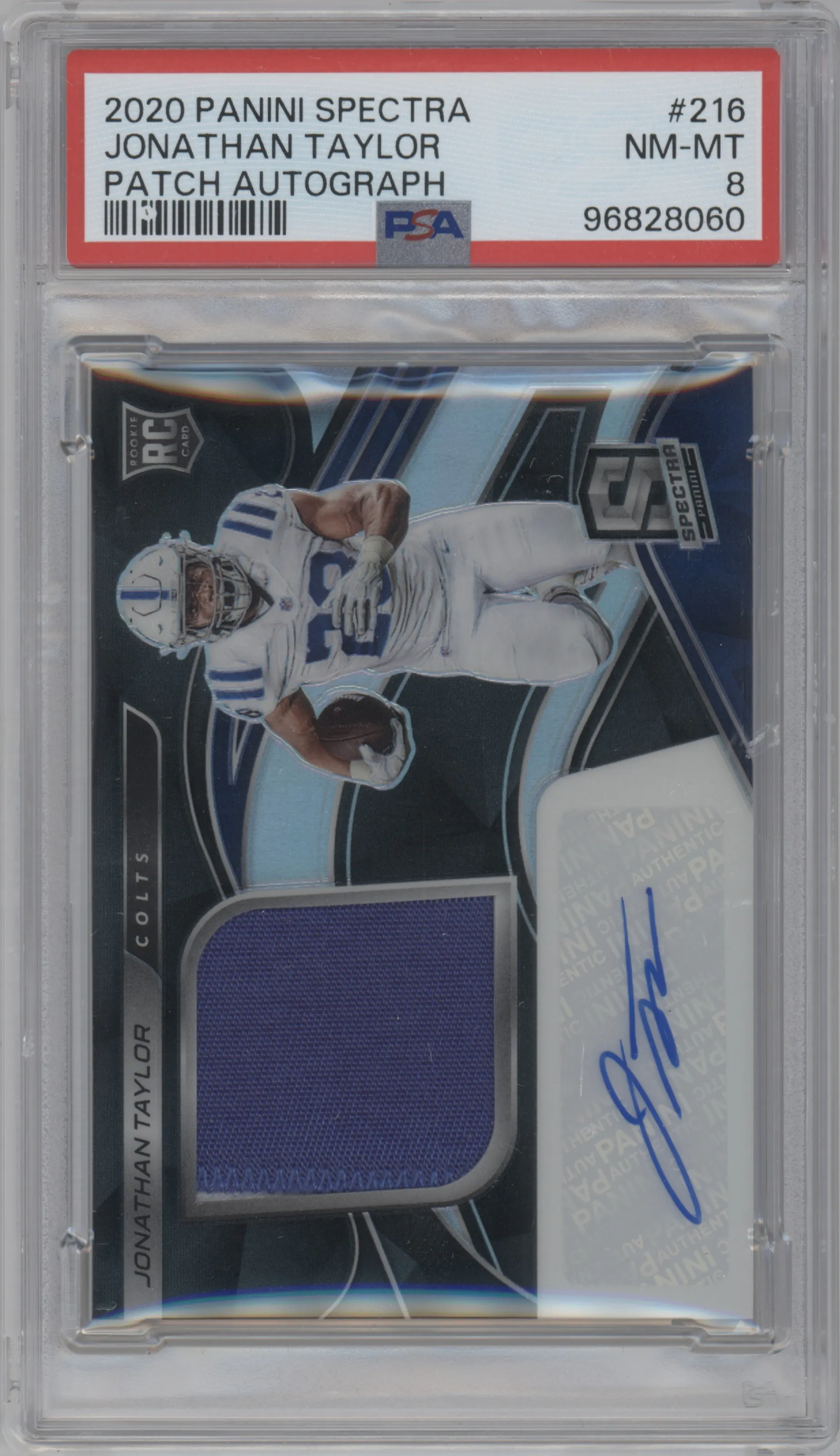 Jonathan Taylor from the 2020 Panini Spectra set graded by PSA and given an overall grade of 8.