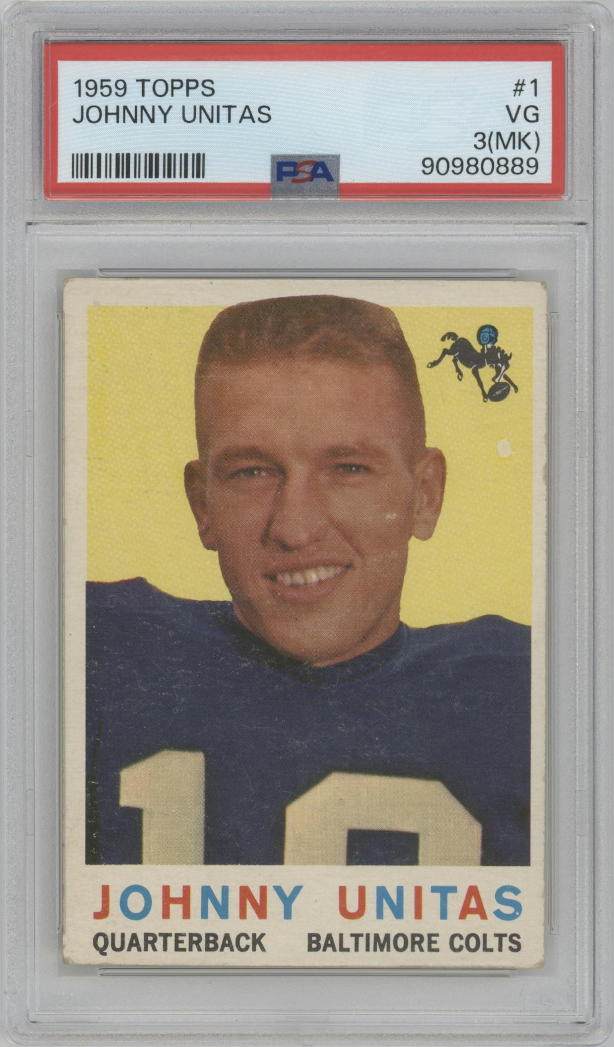 Johnny Unitas from the 1959 Topps set graded by PSA and given an overall grade of 3.