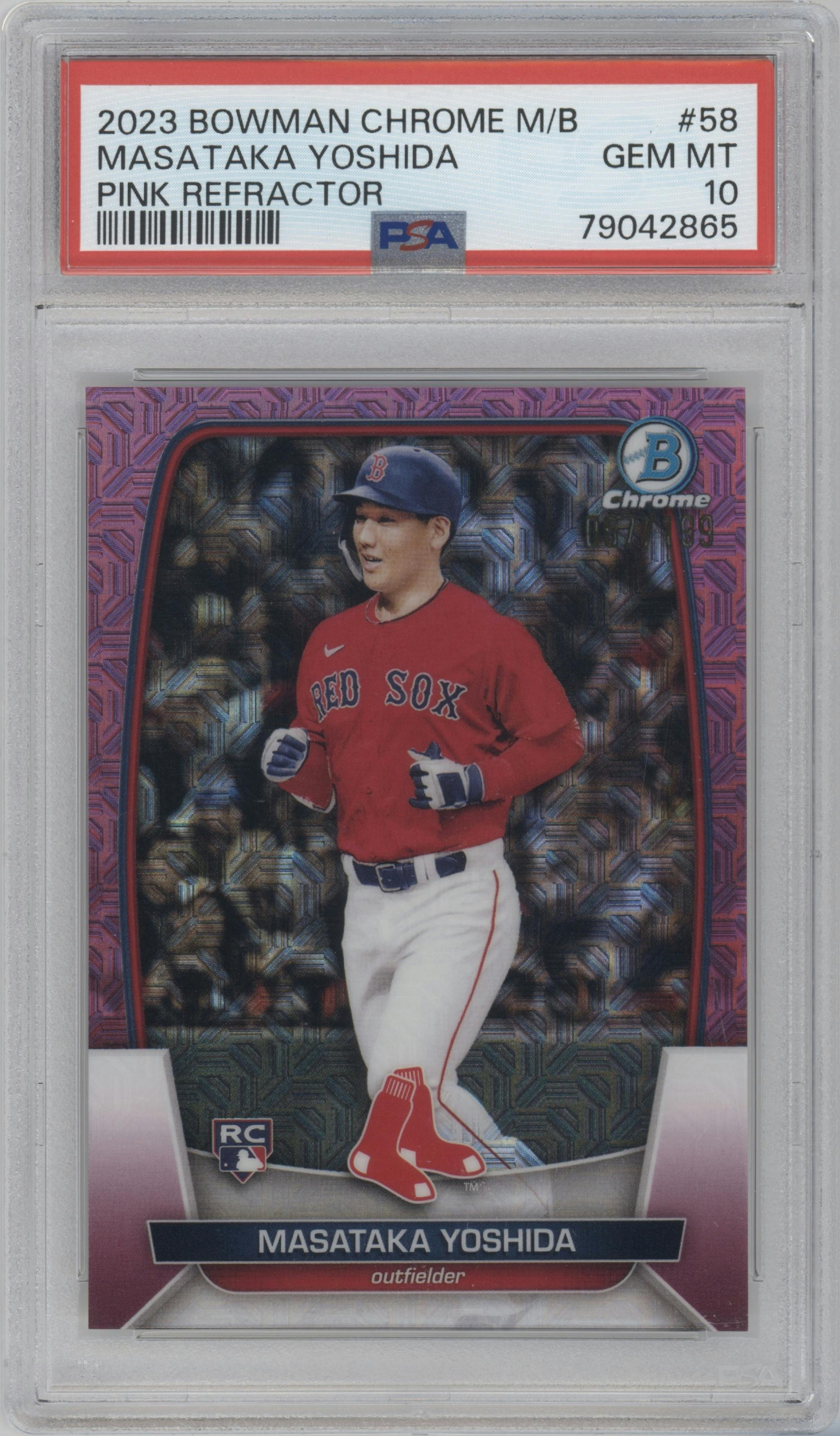 Masataka Yoshida from the 2023 Bowman Mega Box set featuring a Pink Refractor parallel graded by PSA and given an overall grade of 10.
