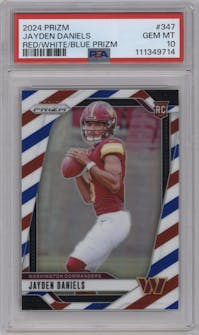 Jayden Daniels from the 2024 Panini Prizm set featuring a Red/White/Blue Prizm parallel graded by PSA and given an overall grade of 10.