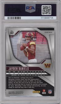Jayden Daniels from the 2024 Panini Prizm set featuring a Red/White/Blue Prizm parallel graded by PSA and given an overall grade of 10.