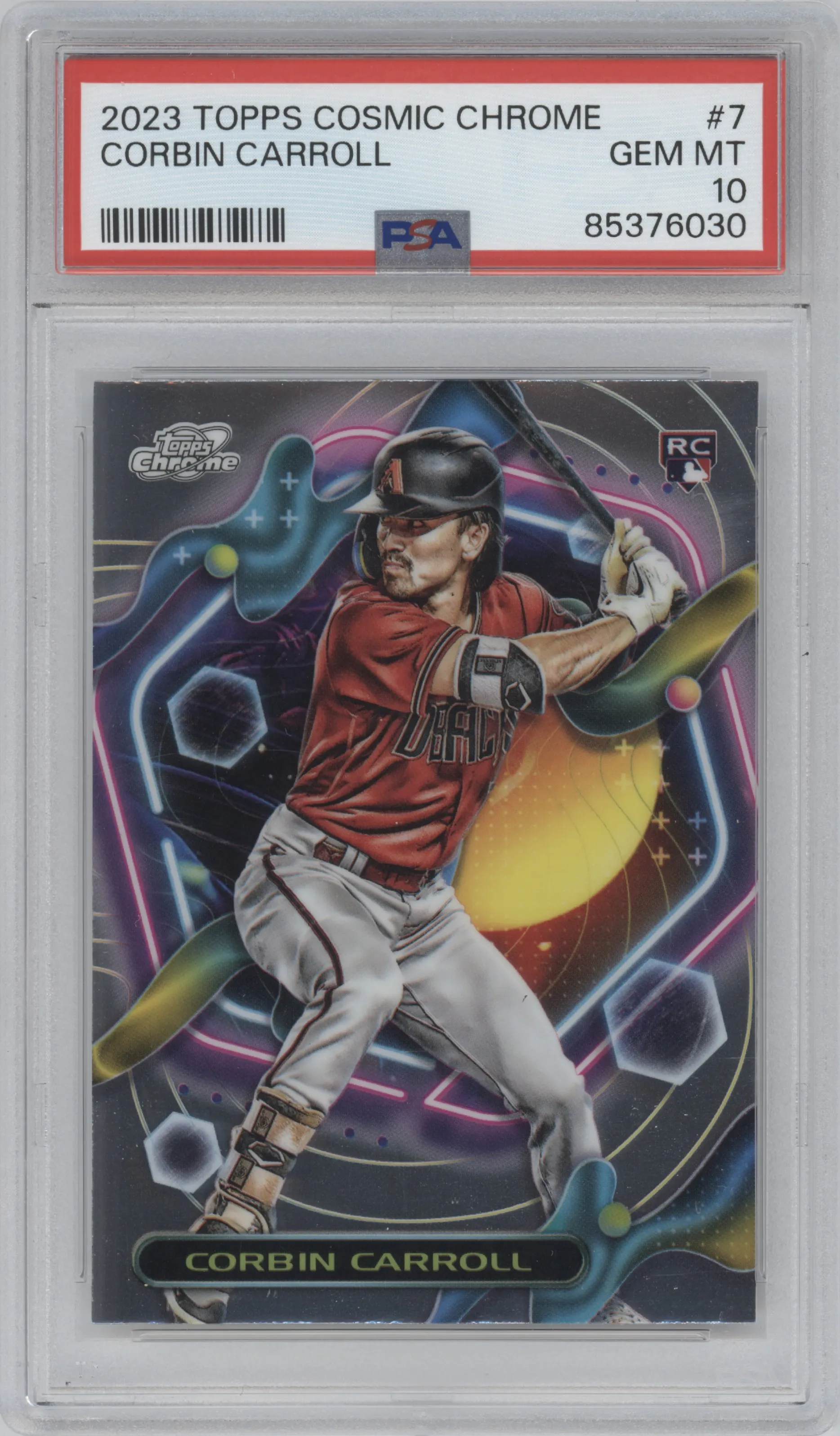 Corbin Carroll from the 2023 Topps Cosmic Chrome set graded by PSA and given an overall grade of 10.