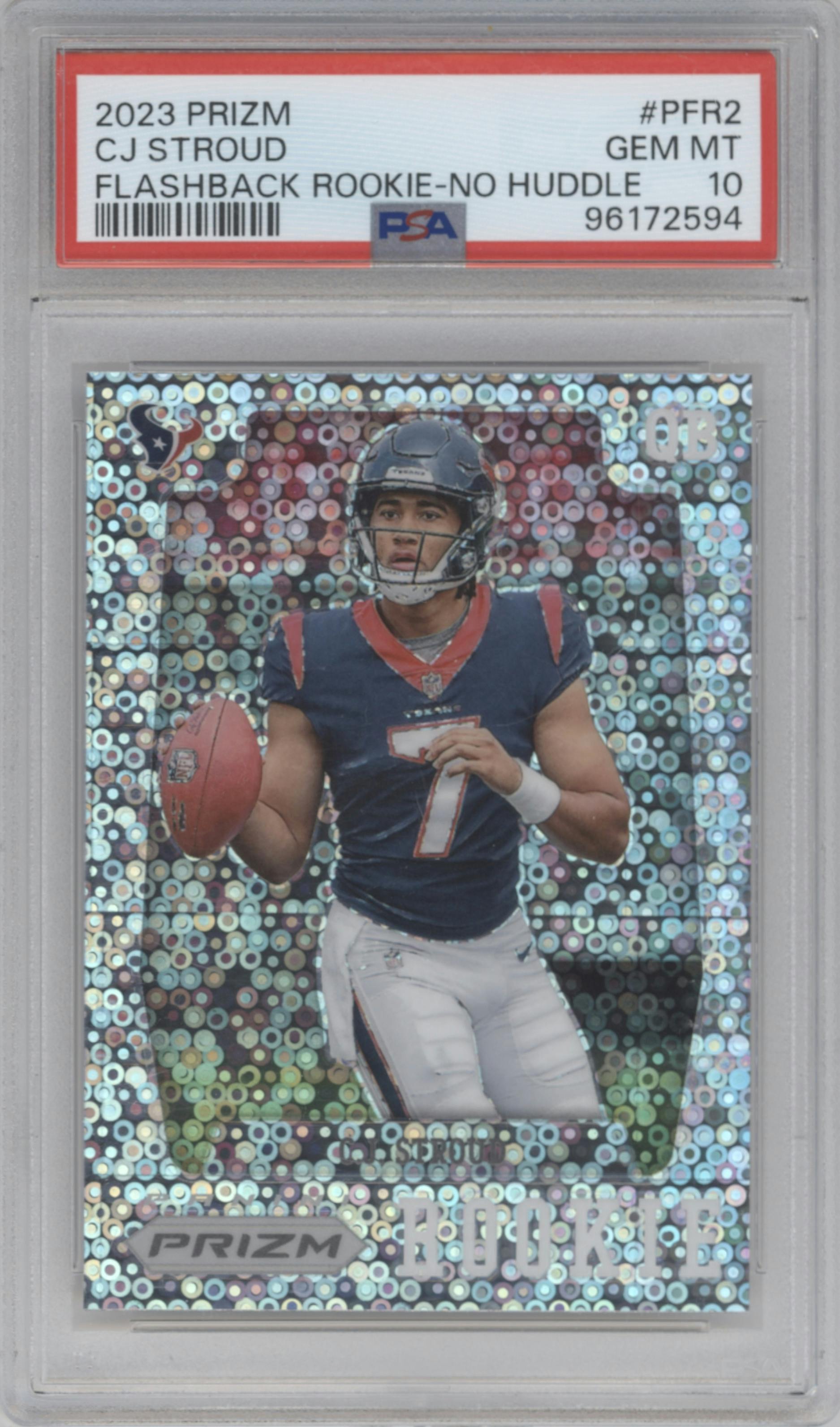 C.J. Stroud from the 2023 Panini Prizm set featuring a No Huddle parallel graded by PSA and given an overall grade of 10.