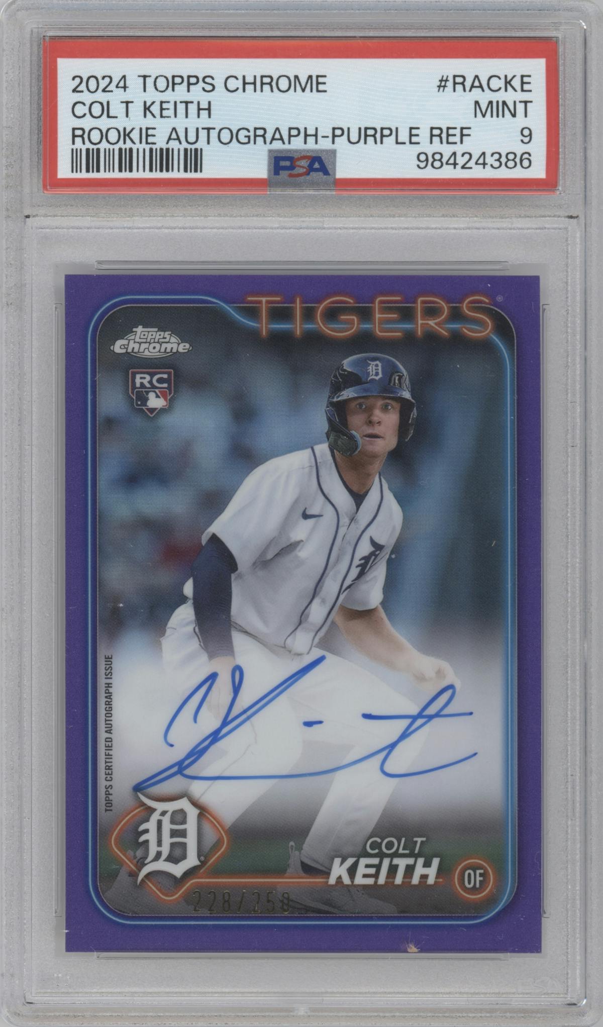Colt Keith from the 2024 Topps Chrome set featuring a Purple Refractor parallel graded by PSA and given an overall grade of 9.