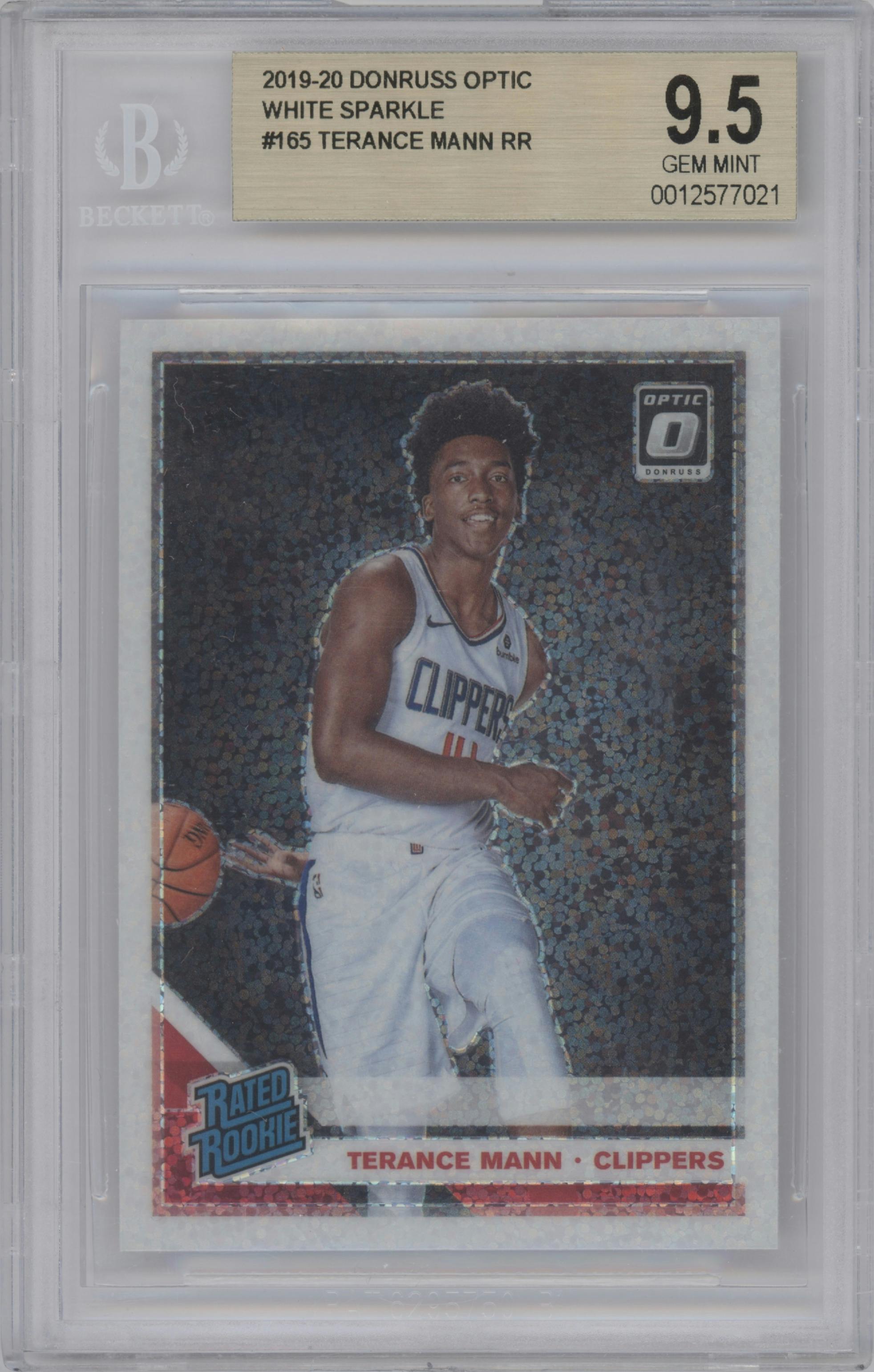 Terance Mann from the 2019-20 Panini Donruss Optic set featuring a White Sparkle parallel graded by Beckett and given an overall grade of 9.5.