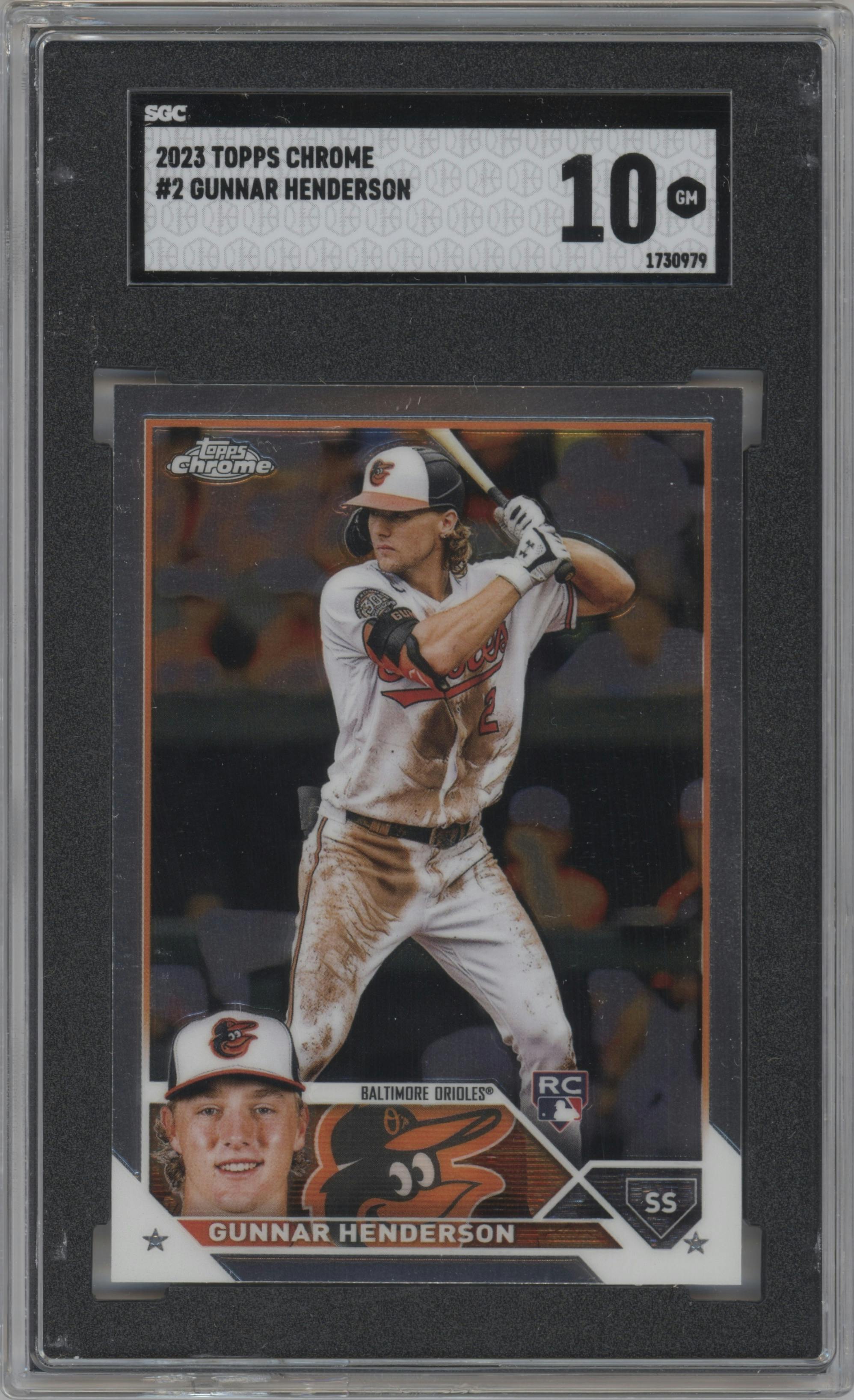 Gunnar Henderson from the 2023 Topps Chrome set graded by SGC and given an overall grade of 10.