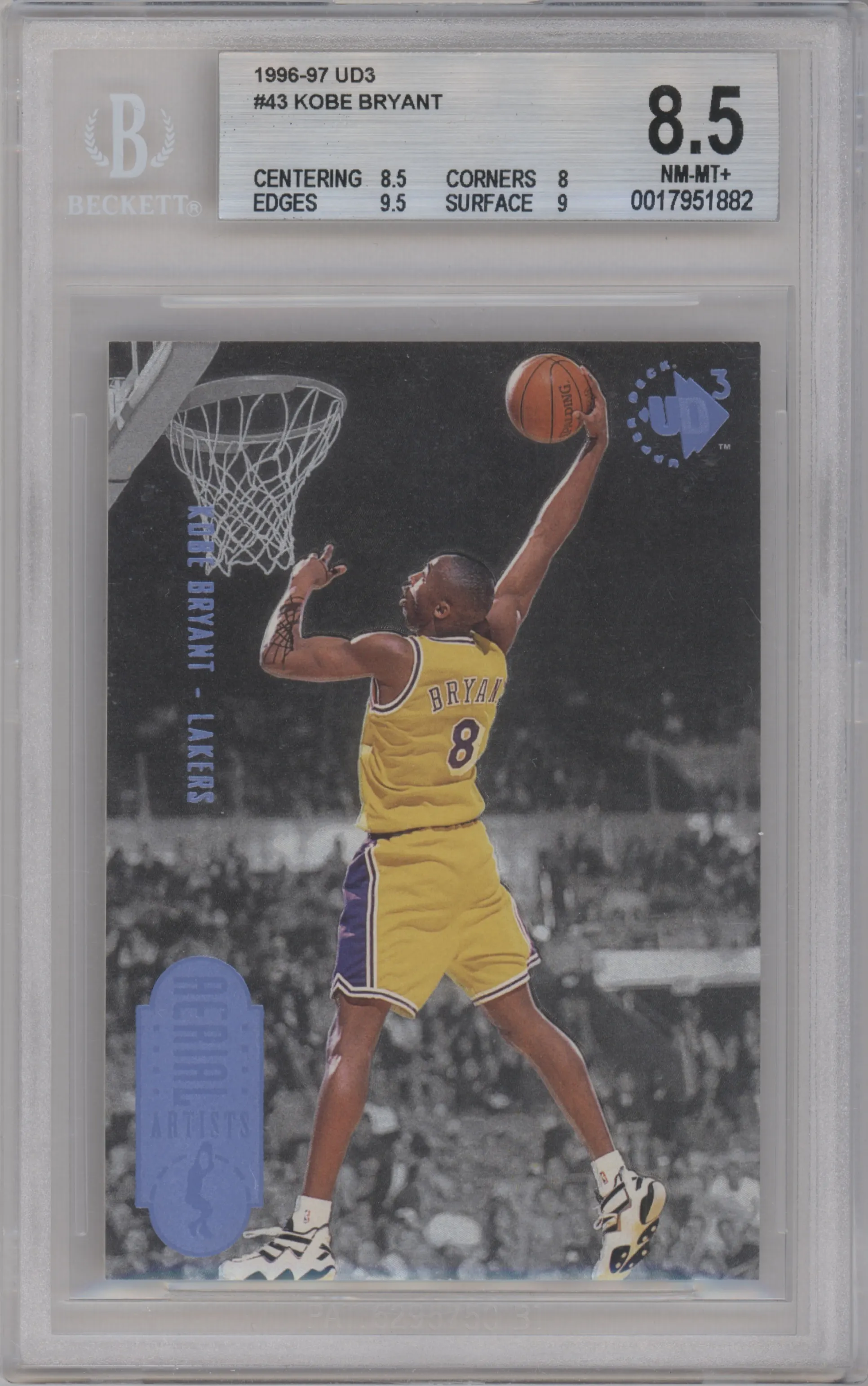 Kobe Bryant from the 1996-97 Upper Deck UD3 set graded by Beckett and given an overall grade of 8.5.