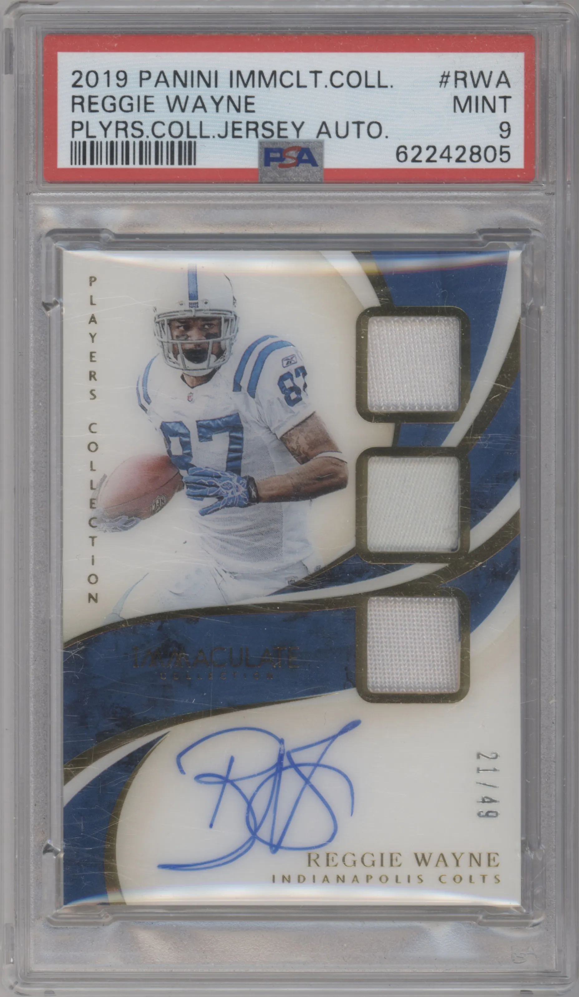 Reggie Wayne from the 2019 Panini Immaculate Collection set graded by PSA and given an overall grade of 9.