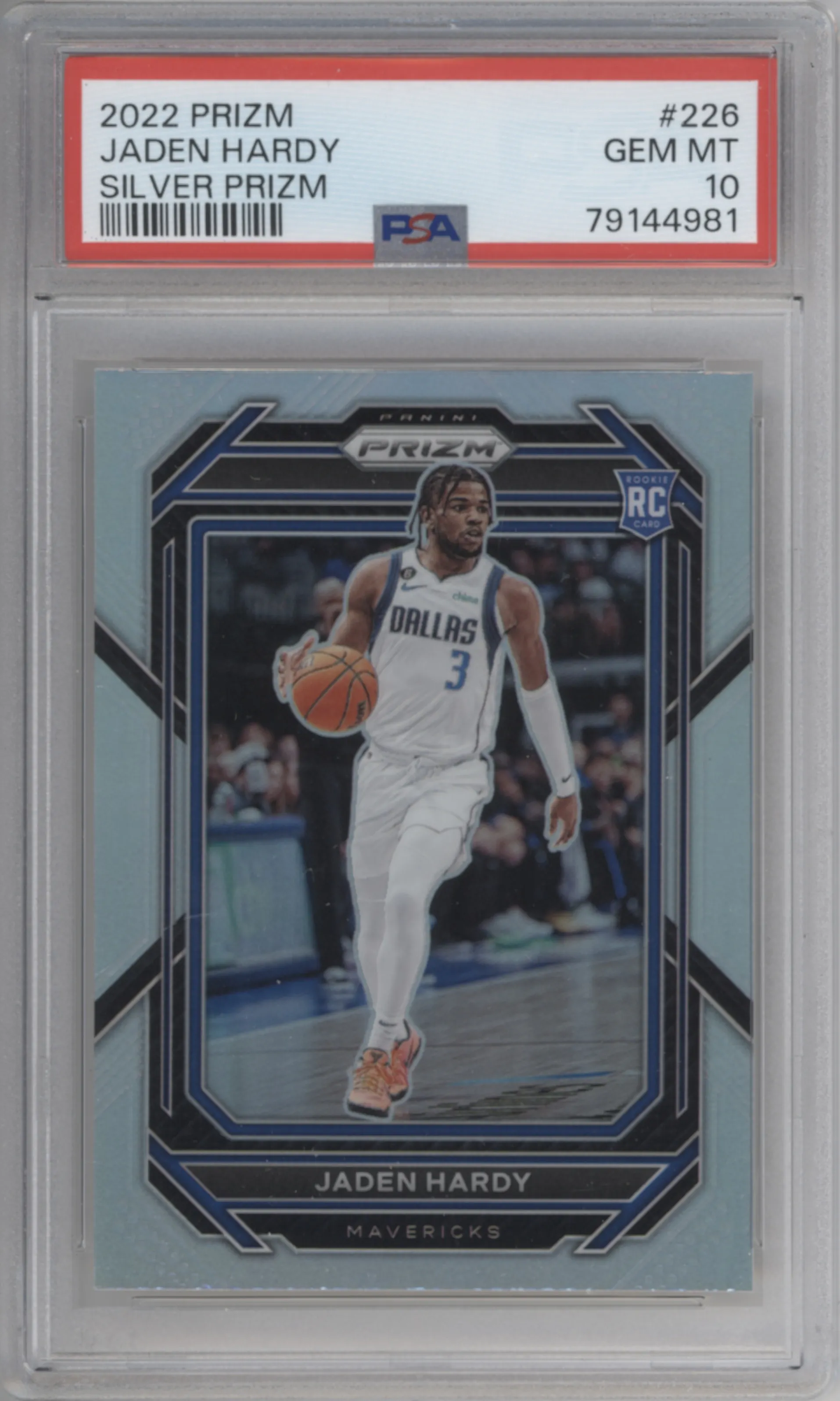 Jaden Hardy from the 2022-23 Panini Prizm  set featuring a Silver Prizm parallel graded by PSA and given an overall grade of 10.