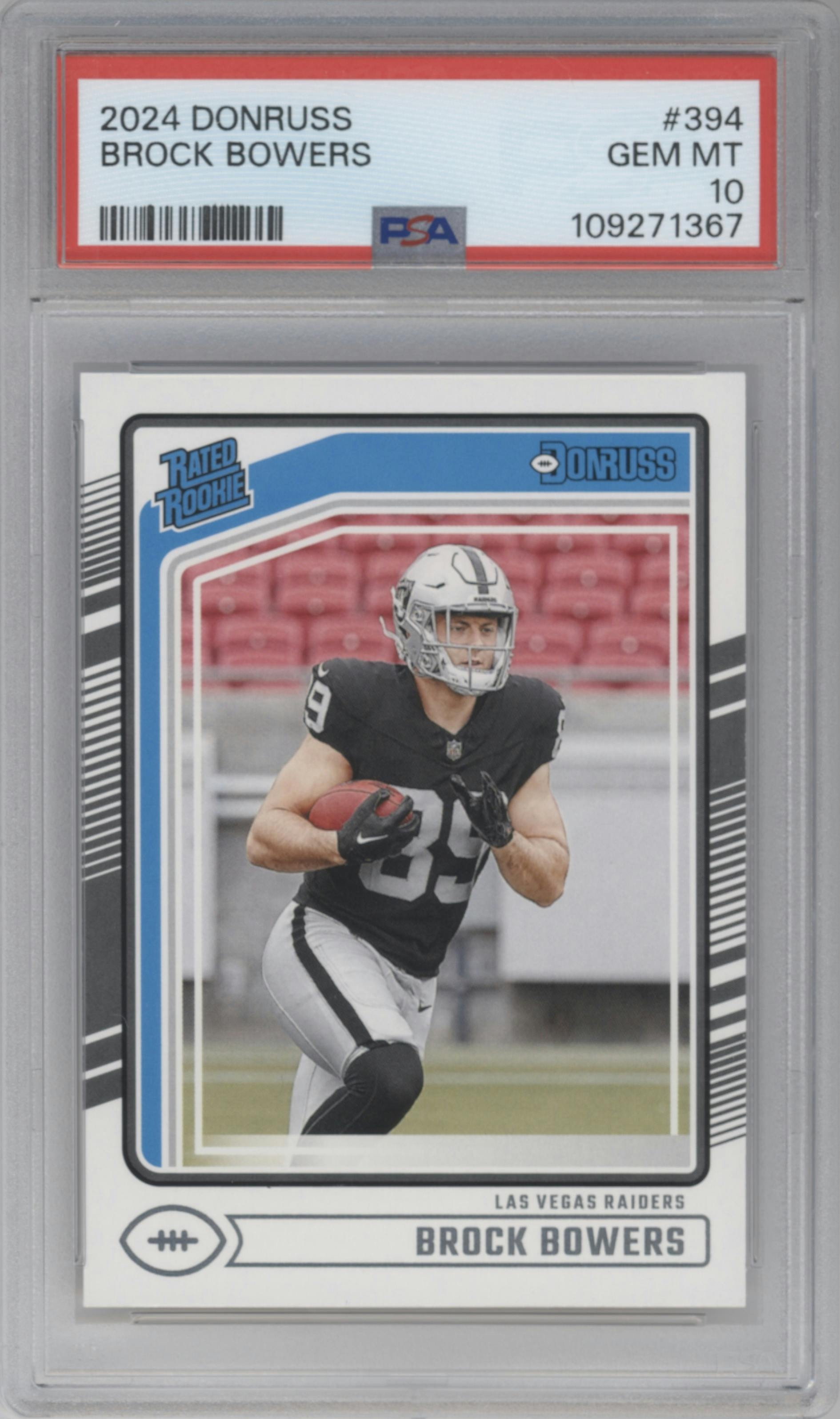 Brock Bowers from the 2024 Donruss set graded by PSA and given an overall grade of 10.