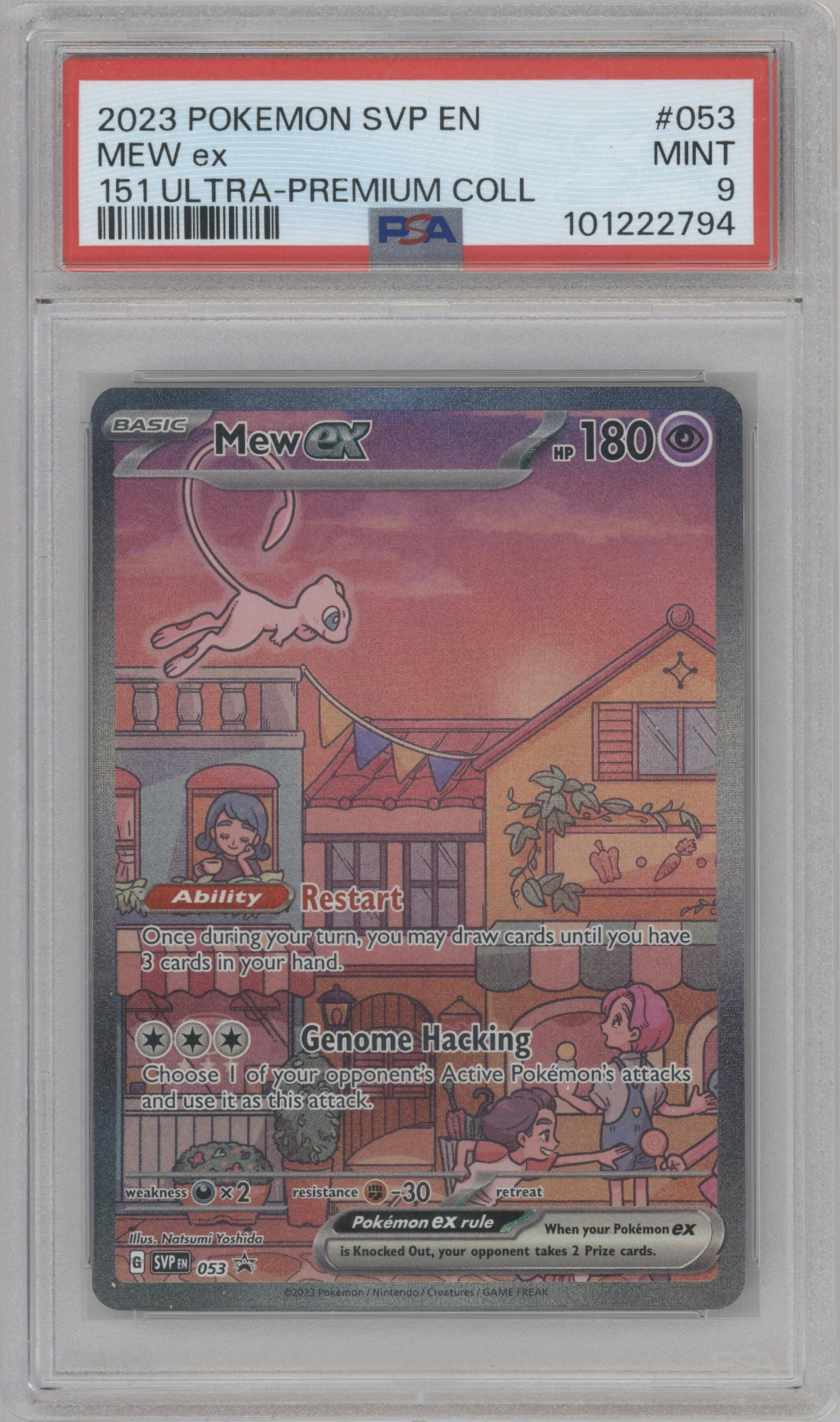 Mew ex from the 2023 Pokemon SV set featuring a Scarlet & Violet 151 Ultra Premium Collection parallel graded by PSA and given an overall grade of 9.