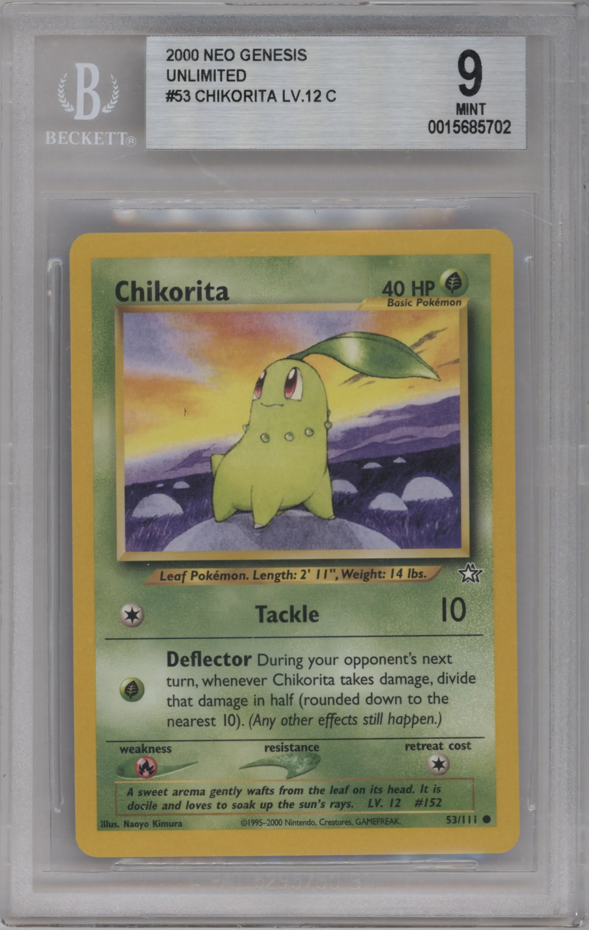 Chikorita from the 2000 Pokemon Neo Genesis set graded by Beckett and given an overall grade of 9.