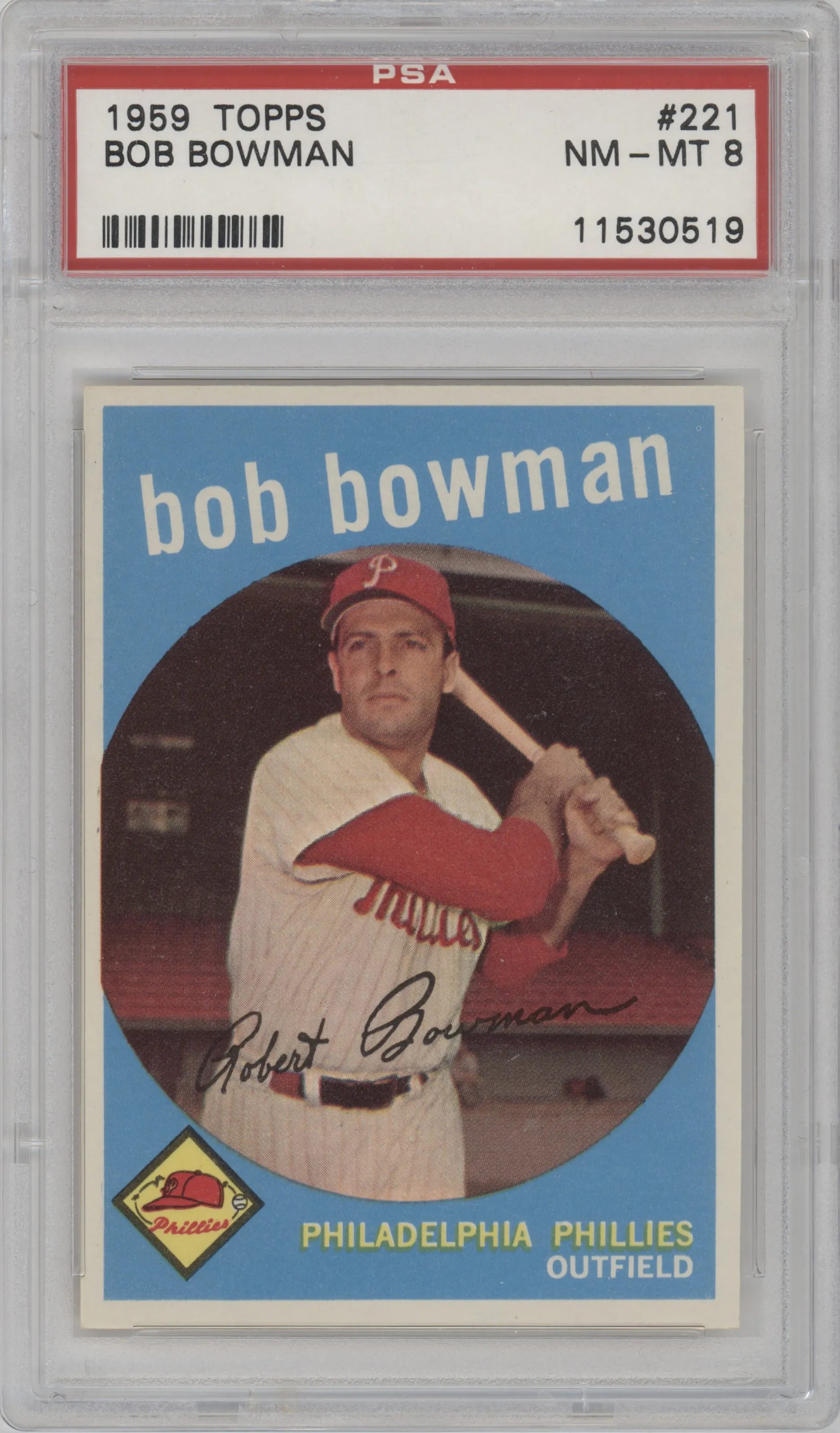 Bob Bowman from the 1959 Topps set graded by PSA and given an overall grade of 8.