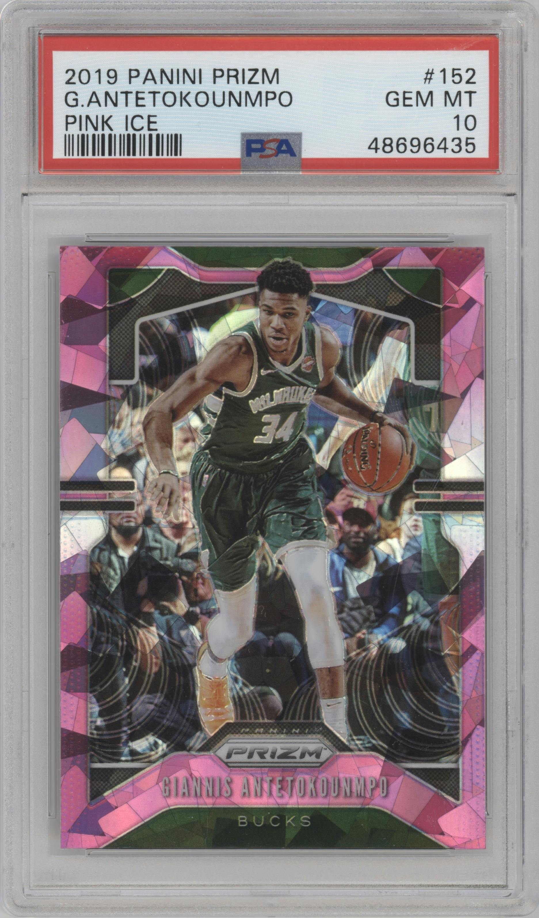 Giannis Antetokounmpo from the 2019-20 Panini Prizm set featuring a Pink Ice parallel graded by PSA and given an overall grade of 10.