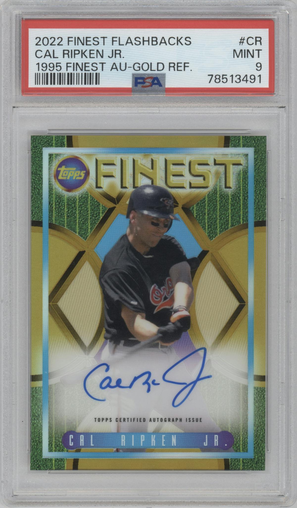 Cal Ripken Jr. from the 2022 Topps Finest Flashback set featuring a Gold Refractor  parallel graded by PSA and given an overall grade of 9.