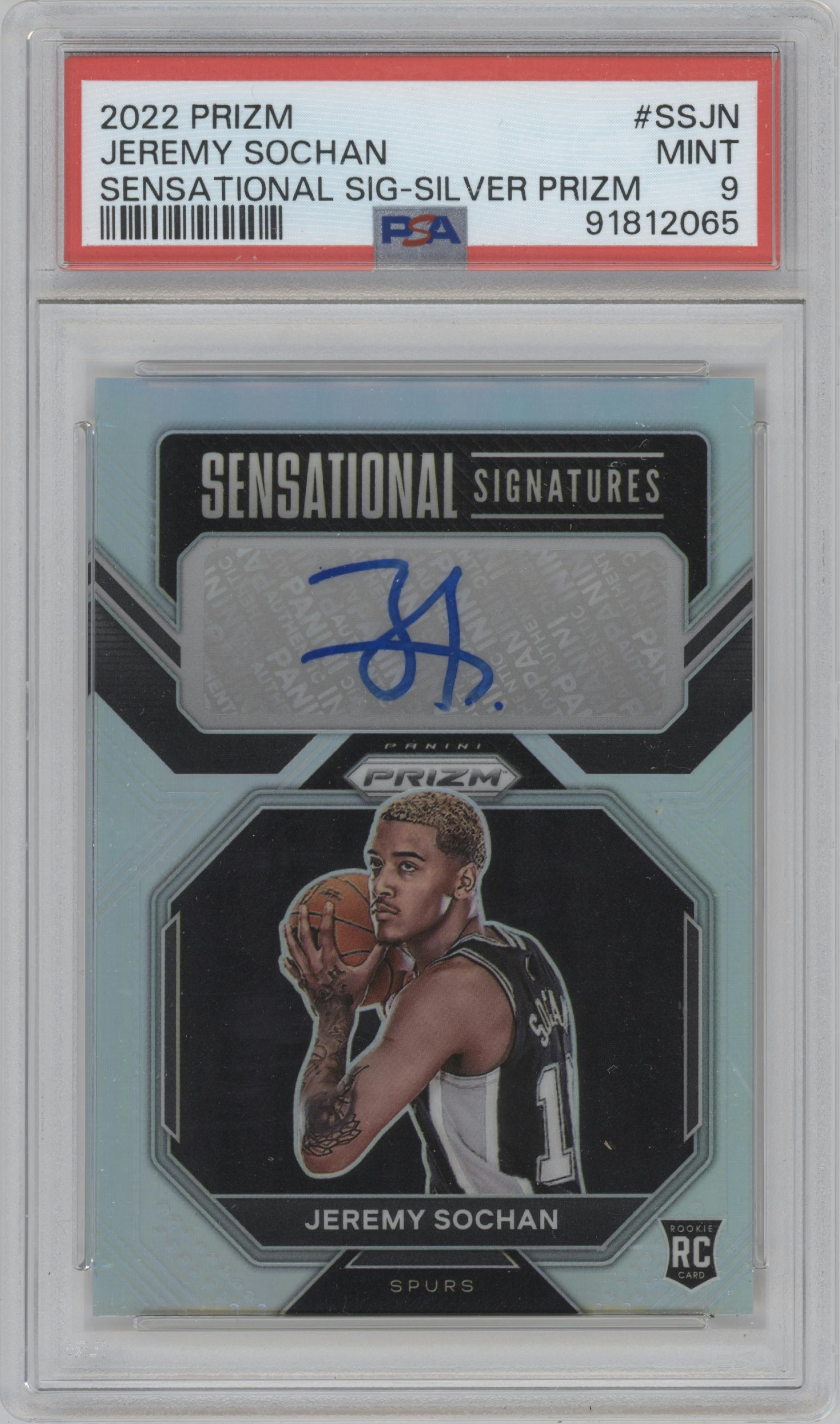 Jeremy Sochan from the 2022-23 Panini Prizm  set featuring a Silver Prizm parallel graded by PSA and given an overall grade of 9.