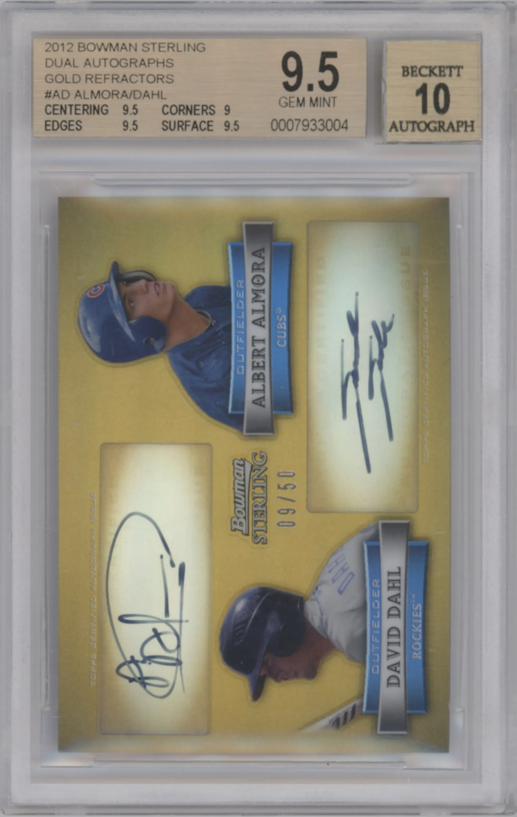 Albert Almora/David Dahl from the 2012 Bowman Sterling set featuring a Gold Refractor parallel graded by Beckett and given an overall grade of 9.5.