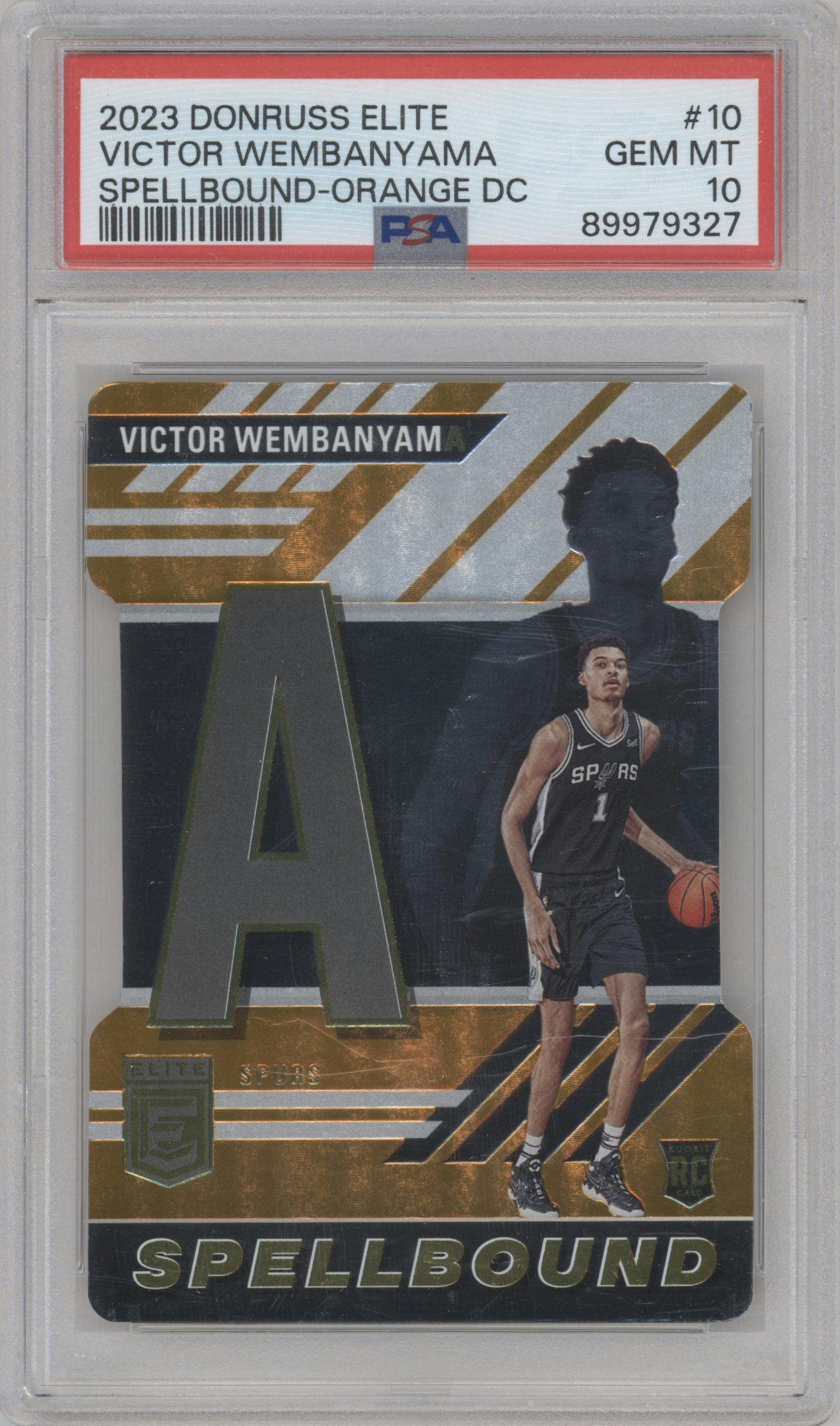 Victor Wembanyama from the 2023-24 Panini Donruss Elite set featuring a Die-Cut Orange parallel graded by PSA and given an overall grade of 10.