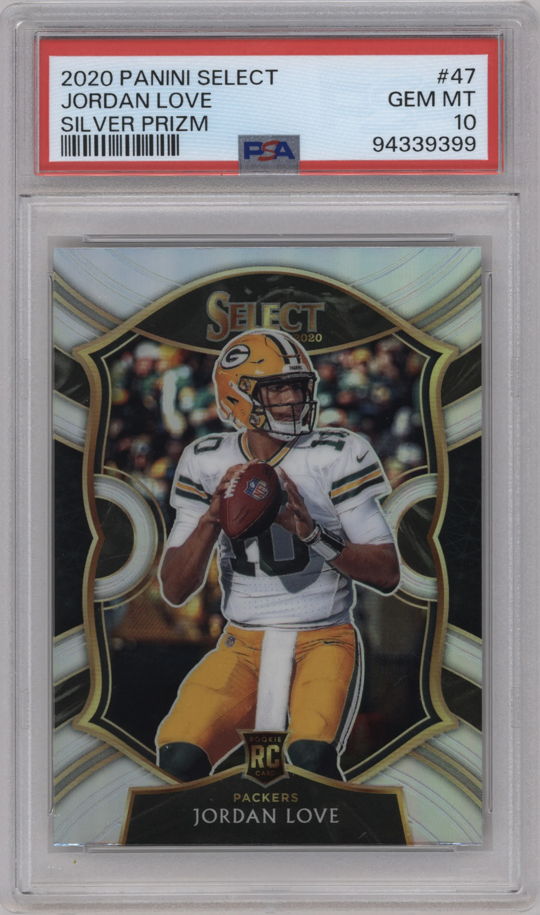 Jordan Love from the 2020 Panini Select set featuring a Silver Prizm parallel graded by PSA and given an overall grade of 10.
