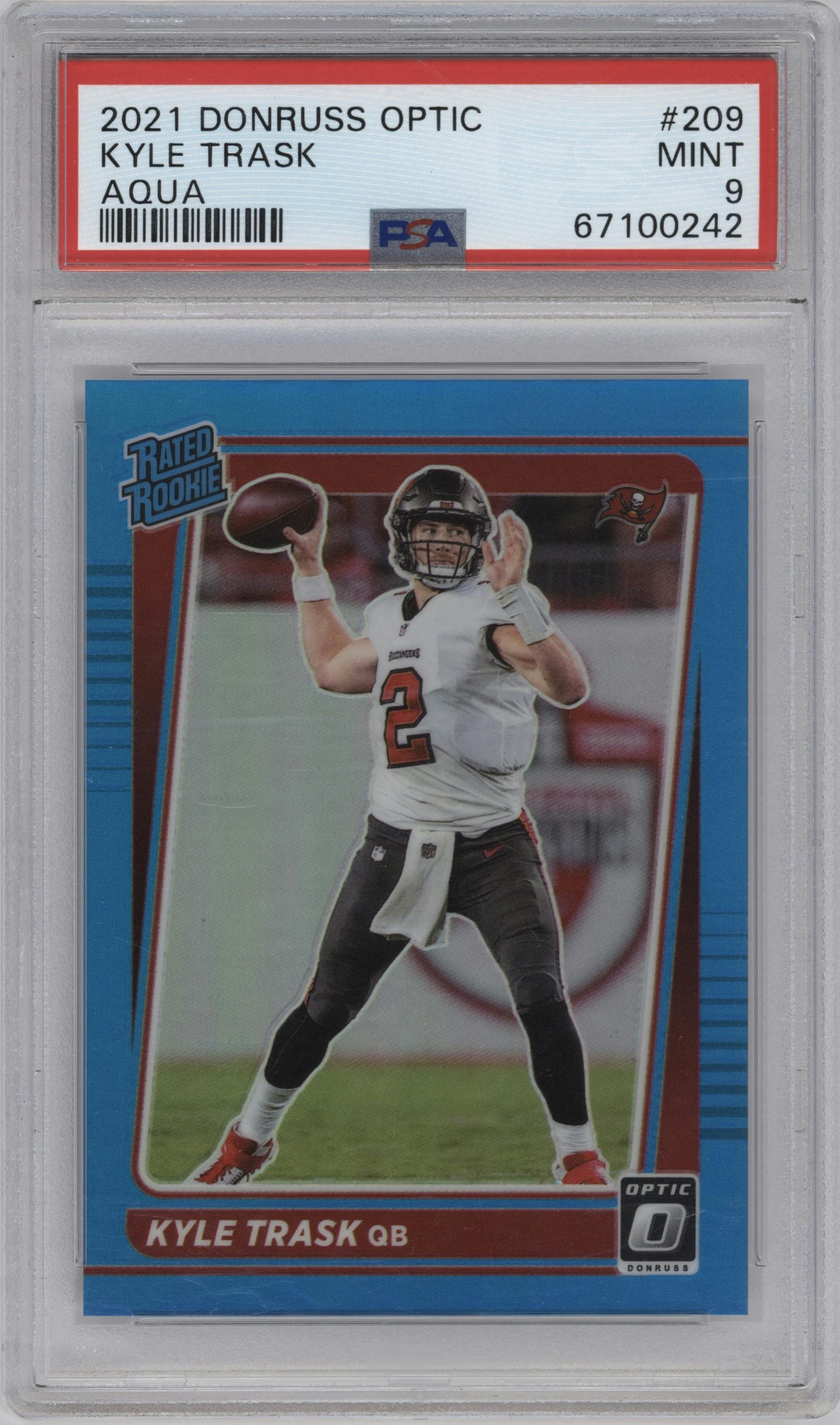 Kyle Trask from the 2021 Panini Donruss Optic set featuring a Aqua parallel graded by PSA and given an overall grade of 9.