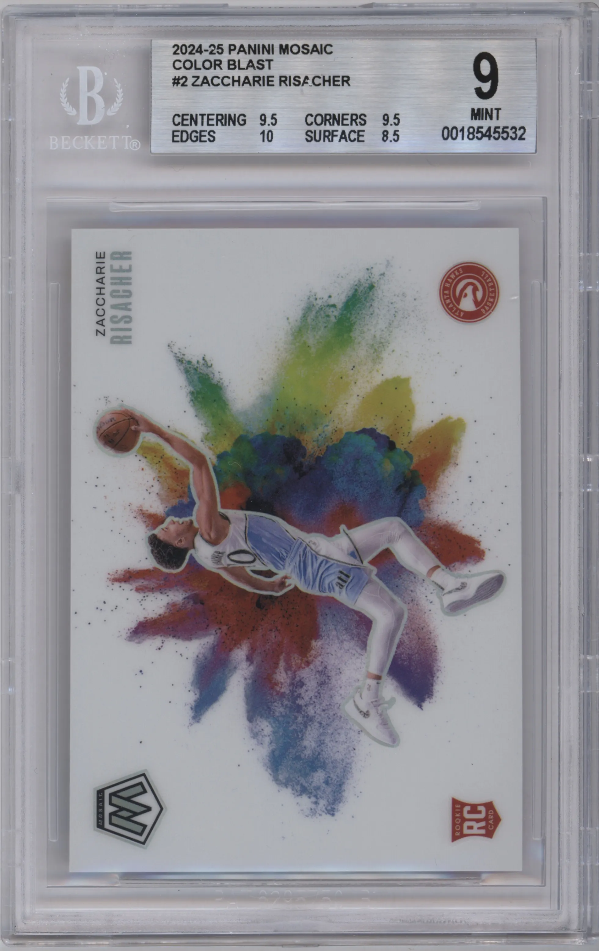 Zaccharie Risacher from the 2024-25 Panini Mosaic set graded by Beckett and given an overall grade of 9.
