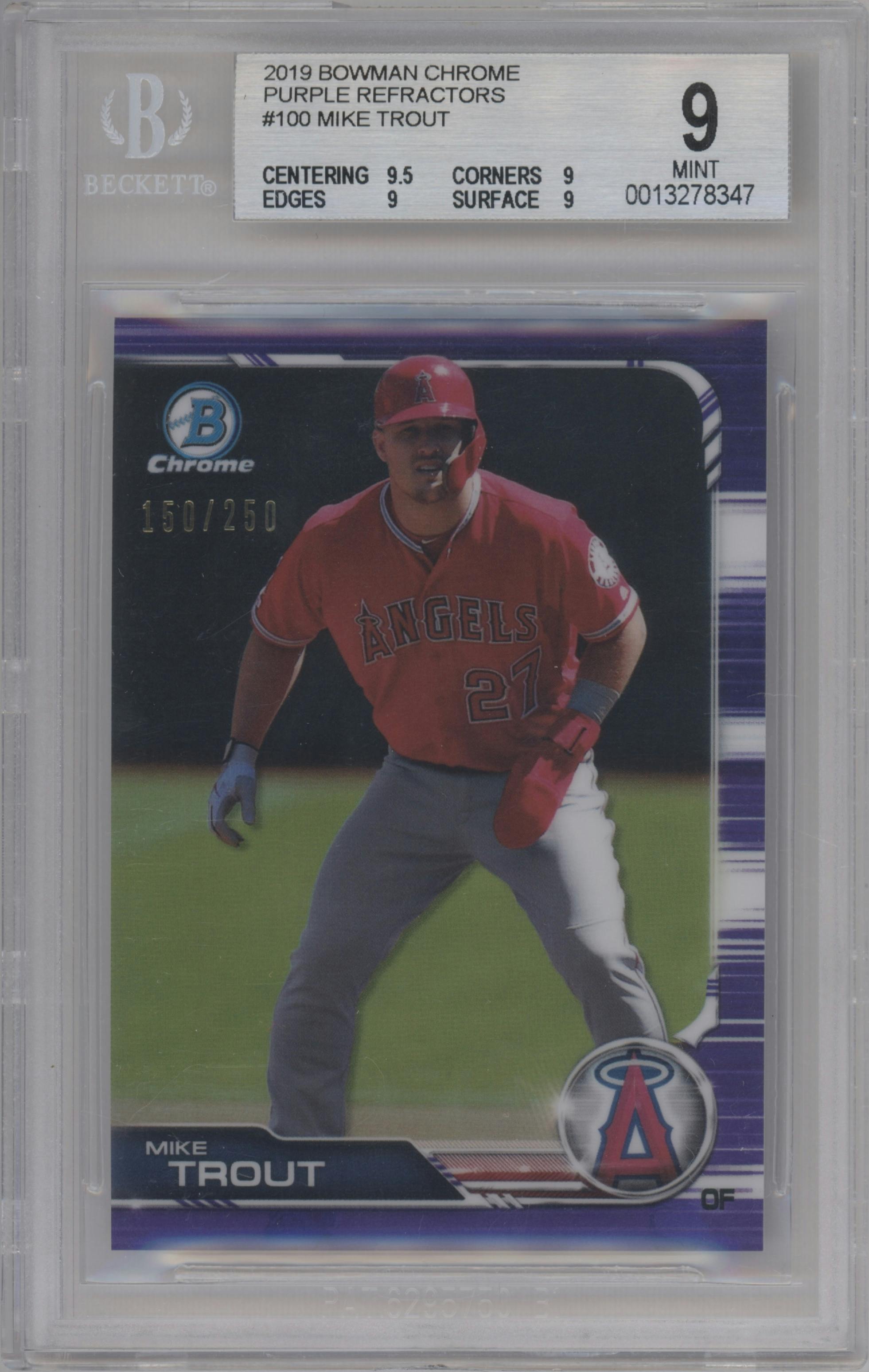 Mike Trout from the 2019 Bowman Chrome set featuring a Purple Refractor parallel graded by Beckett and given an overall grade of 9.