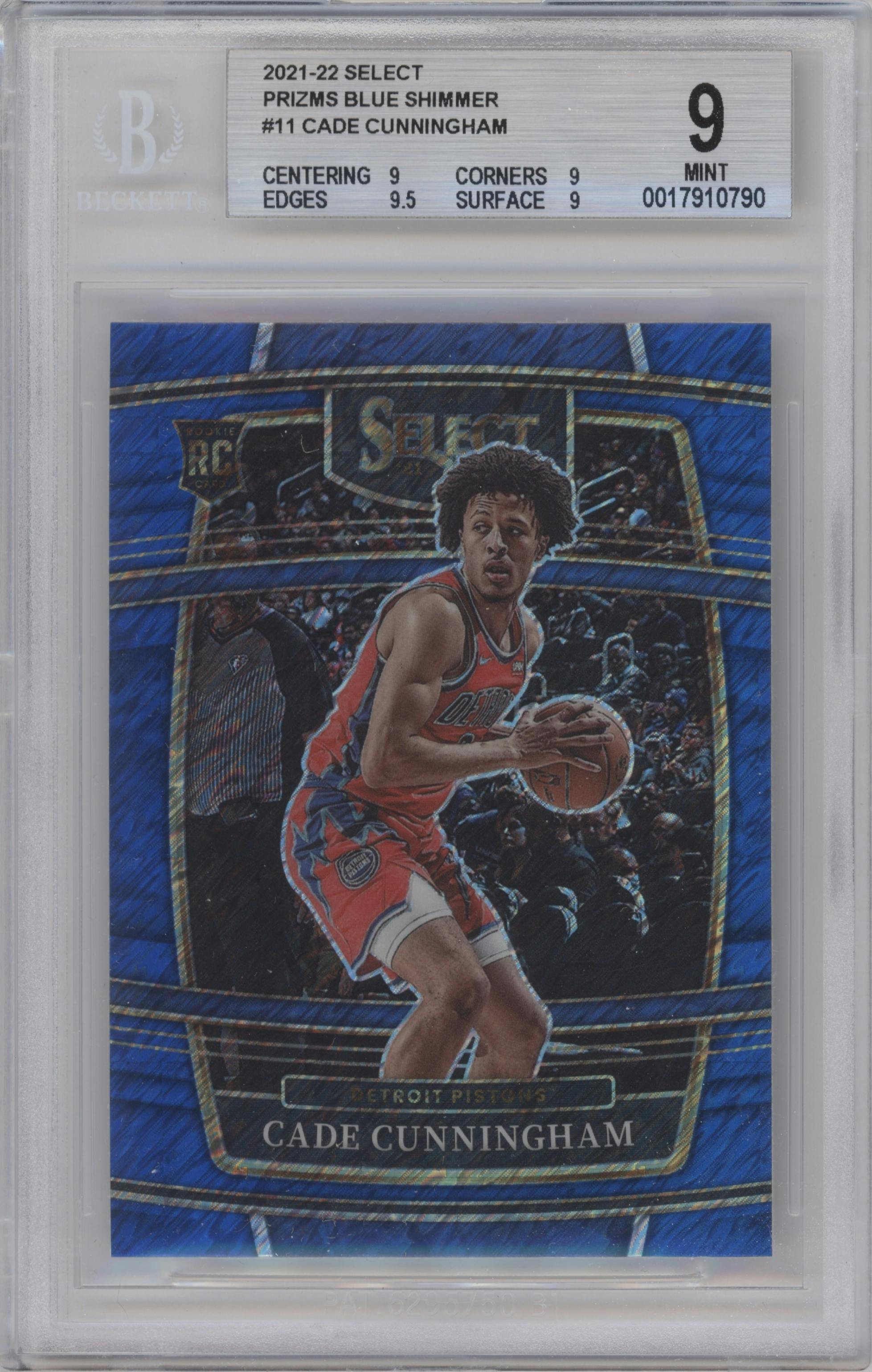 Cade Cunningham from the 2021-22 Panini Select set featuring a Blue Shimmer
 parallel graded by Beckett and given an overall grade of 9.