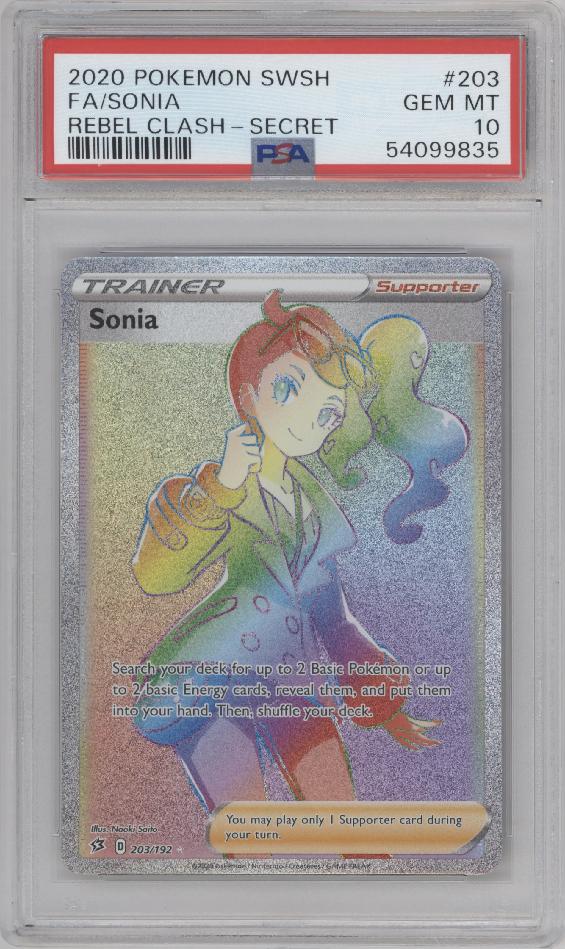 2020 Pokemon SWSH Rebel Clash Sonia #203 PSA 10