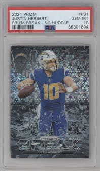 Justin Herbert from the 2021 Panini Prizm set featuring a No Huddle parallel graded by PSA and given an overall grade of 10.