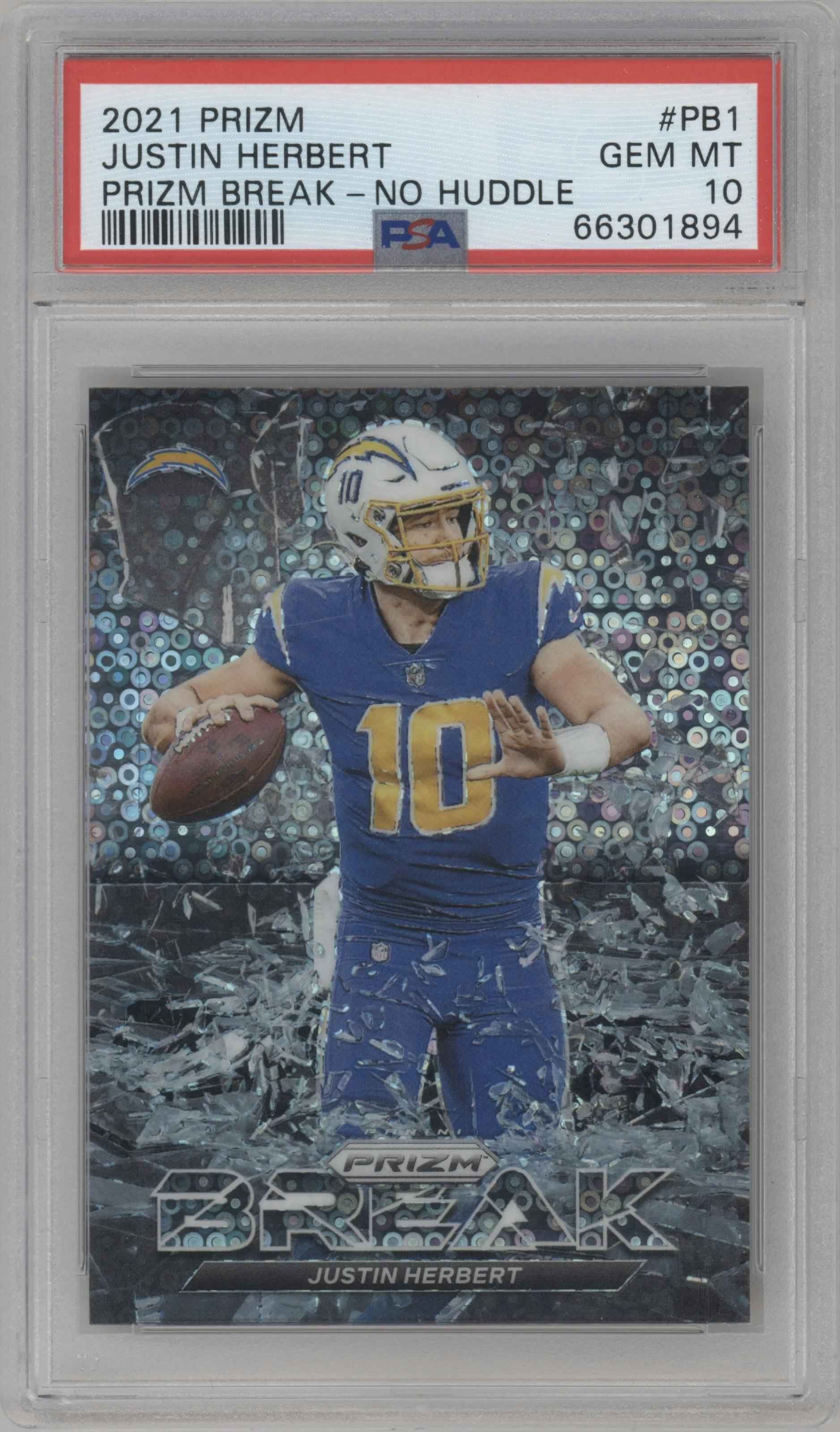 Justin Herbert from the 2021 Panini Prizm set featuring a No Huddle parallel graded by PSA and given an overall grade of 10.