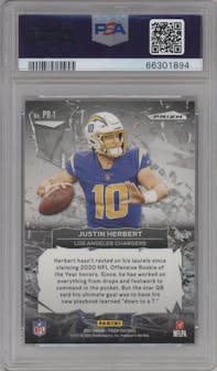 Justin Herbert from the 2021 Panini Prizm set featuring a No Huddle parallel graded by PSA and given an overall grade of 10.