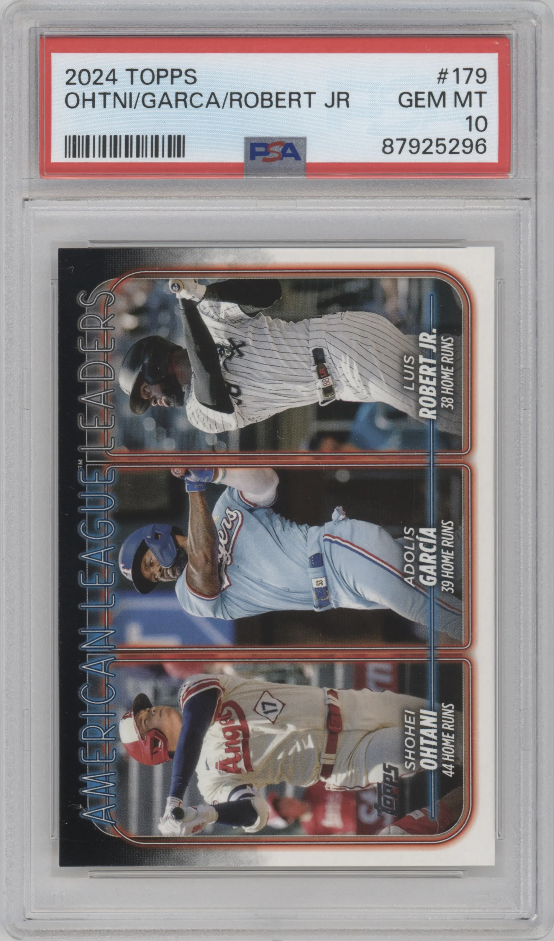 Shohei Ohtani/Adolis Garcia/Luis Robert Jr. from the 2024 Topps  set graded by PSA and given an overall grade of 10.