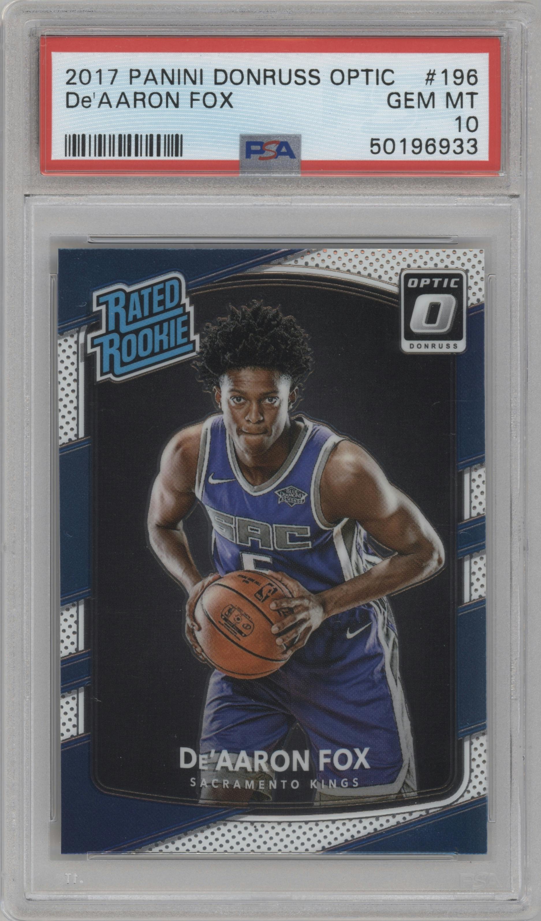 De'Aaron Fox from the 2017-18 Panini Donruss Optic set graded by PSA and given an overall grade of 10.
