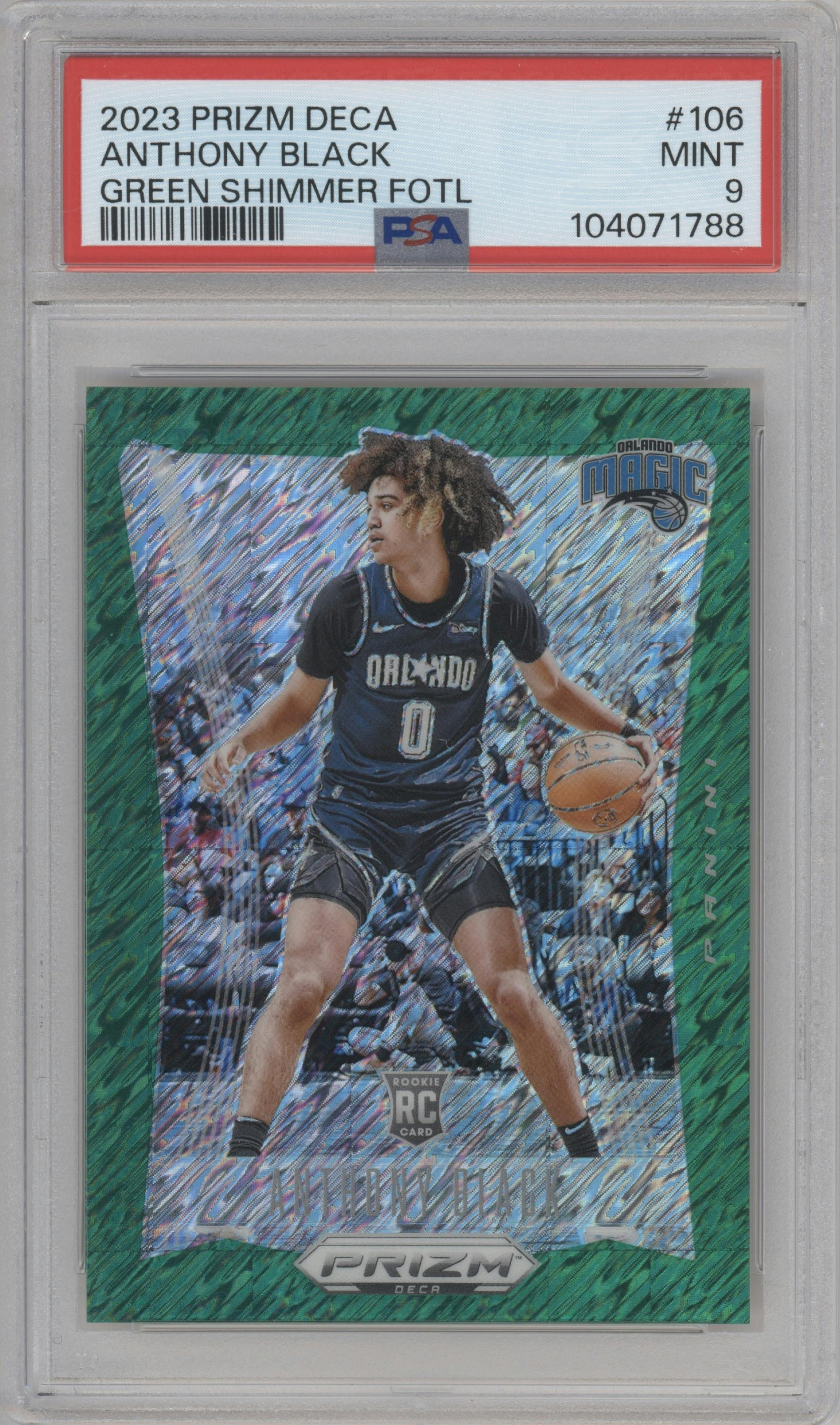 Anthony Black from the 2023-24 Panini Prizm Deca set featuring a FOTL Green Shimmer parallel graded by PSA and given an overall grade of 9.