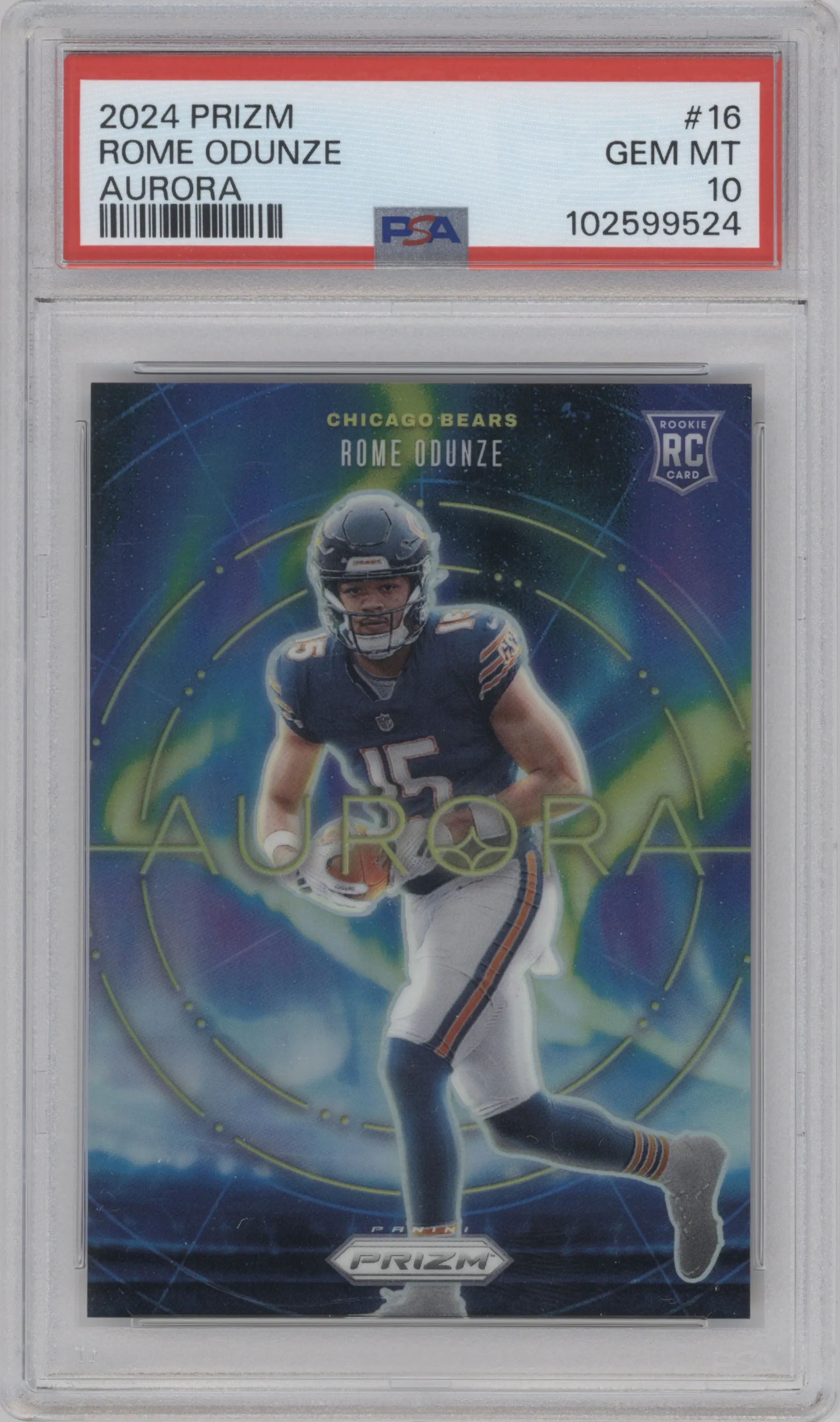 Rome Odunze from the 2024 Panini Prizm set graded by PSA and given an overall grade of 10.
