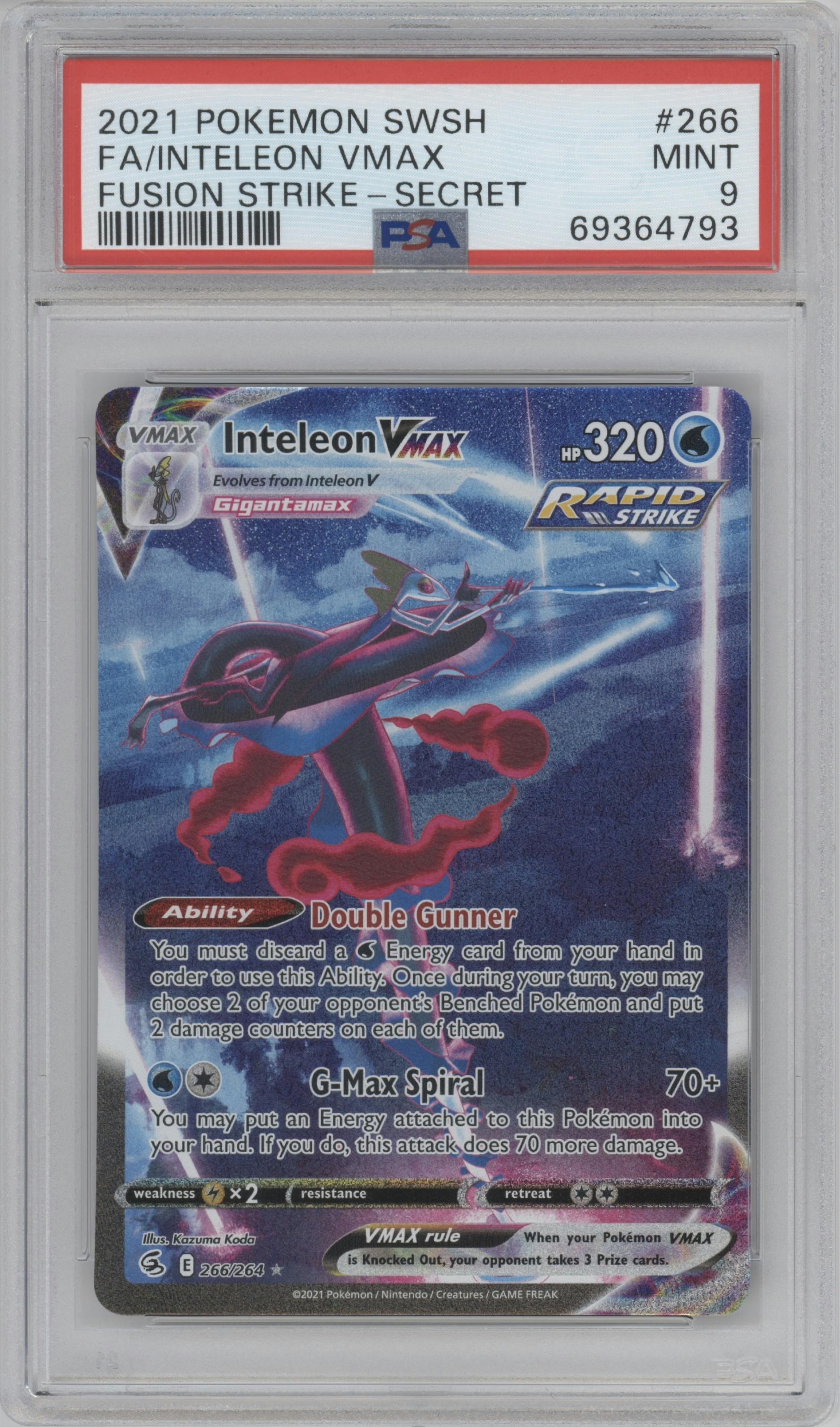 Inteleon VMAX from the 2021 Pokemon SWSH set graded by PSA and given an overall grade of 9.