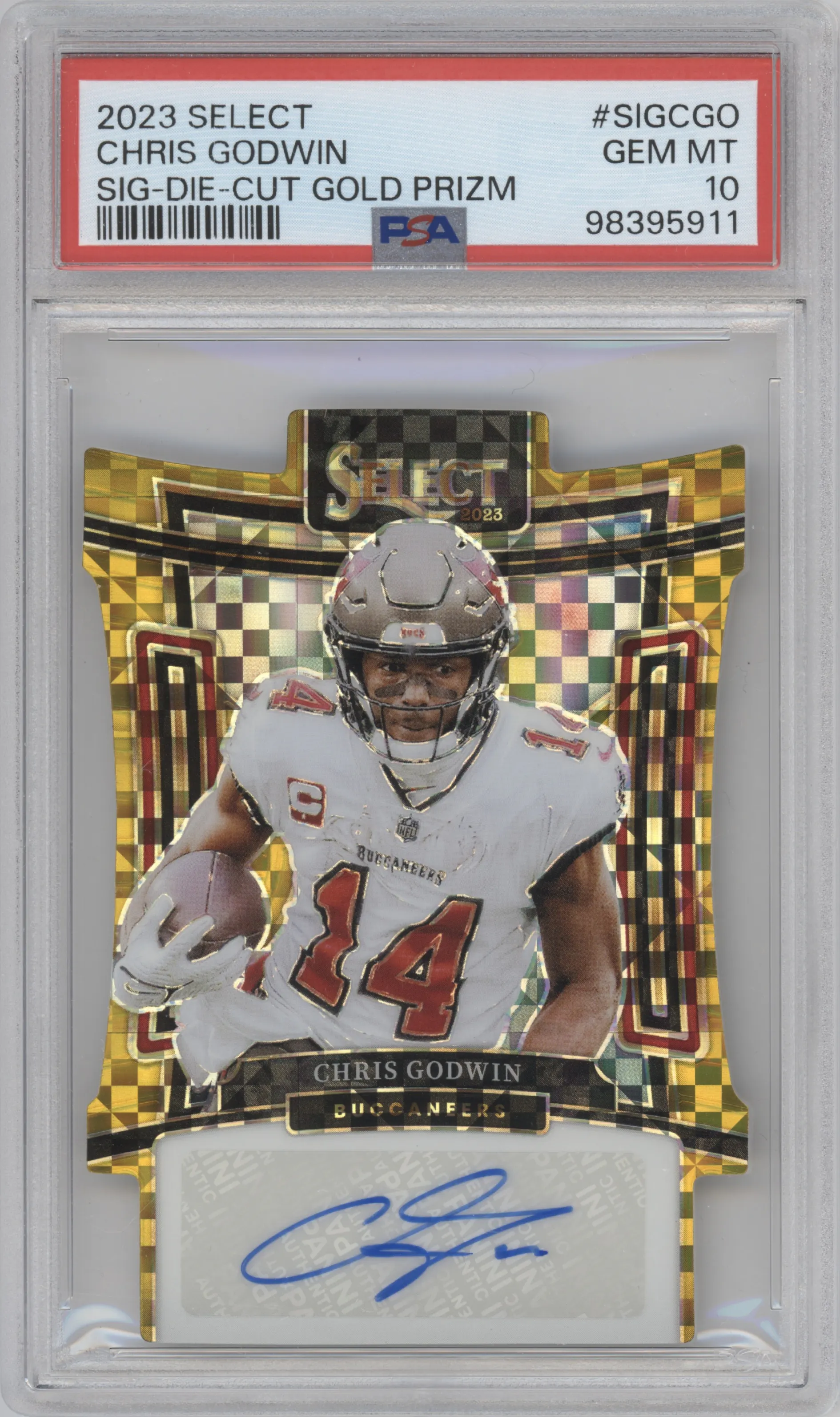 Chris Godwin from the 2023 Panini Select set featuring a Die-Cut Gold parallel graded by PSA and given an overall grade of 10.