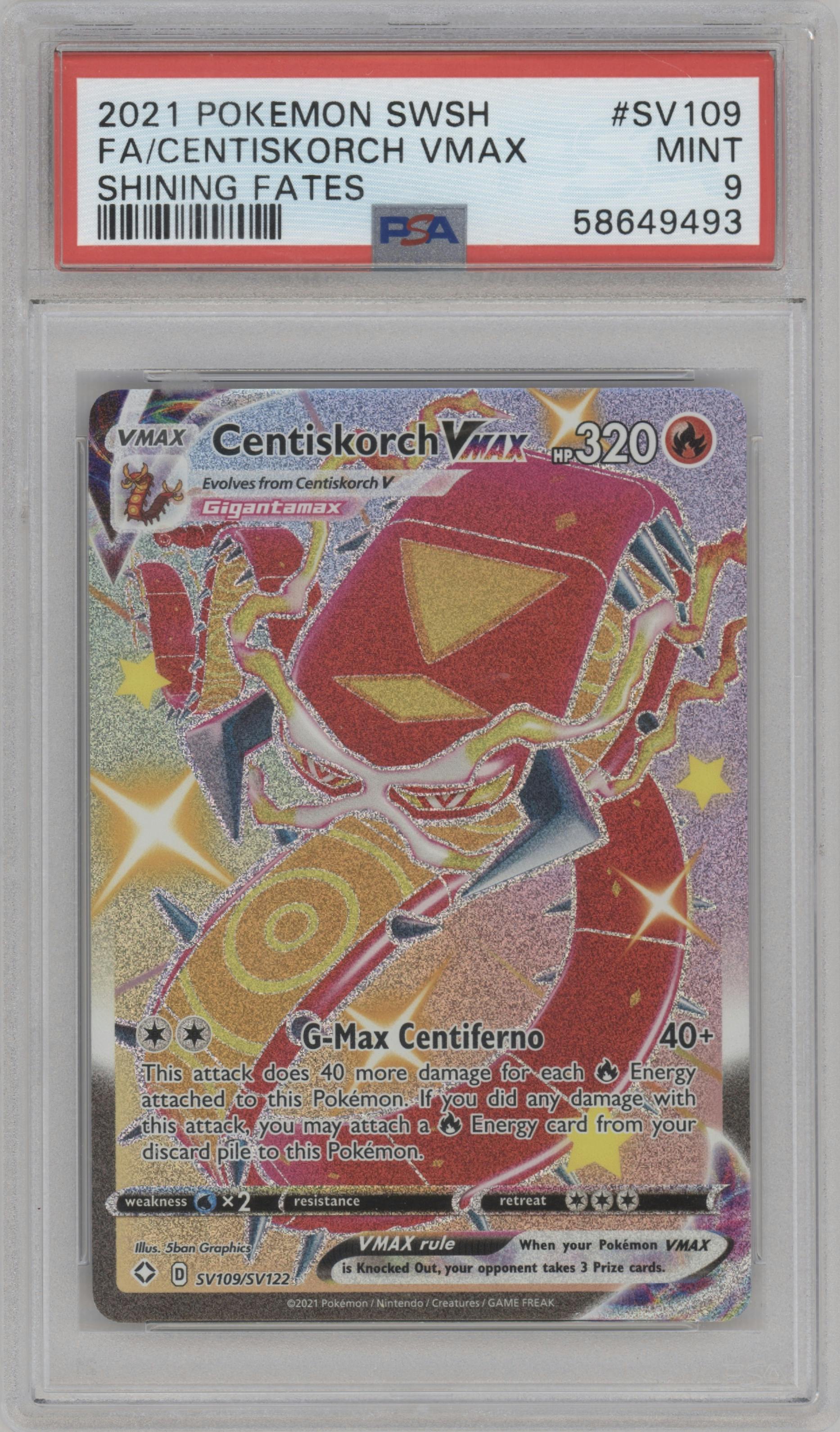 Centiskorch VMAX from the 2021 Pokemon SWSH set graded by PSA and given an overall grade of 9.