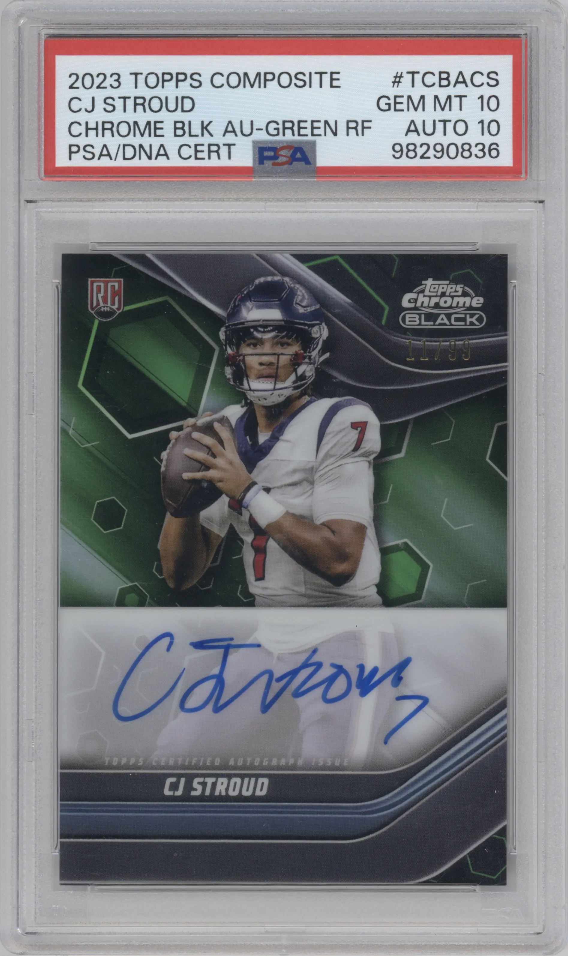 CJ Stroud from the 2023 Topps Composite set featuring a Green Refractor parallel graded by PSA and given an overall grade of 10.