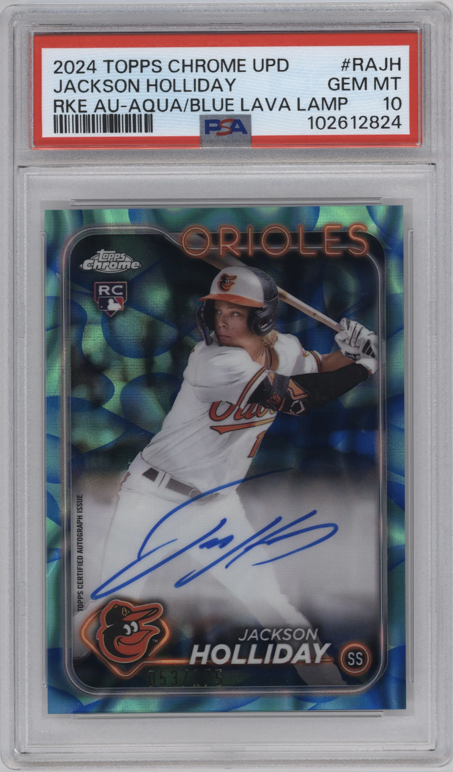 Jackson Holliday from the 2024 Topps Chrome Update set featuring a Lava Lamp Aqua / Blue Refractors parallel graded by PSA and given an overall grade of 10.