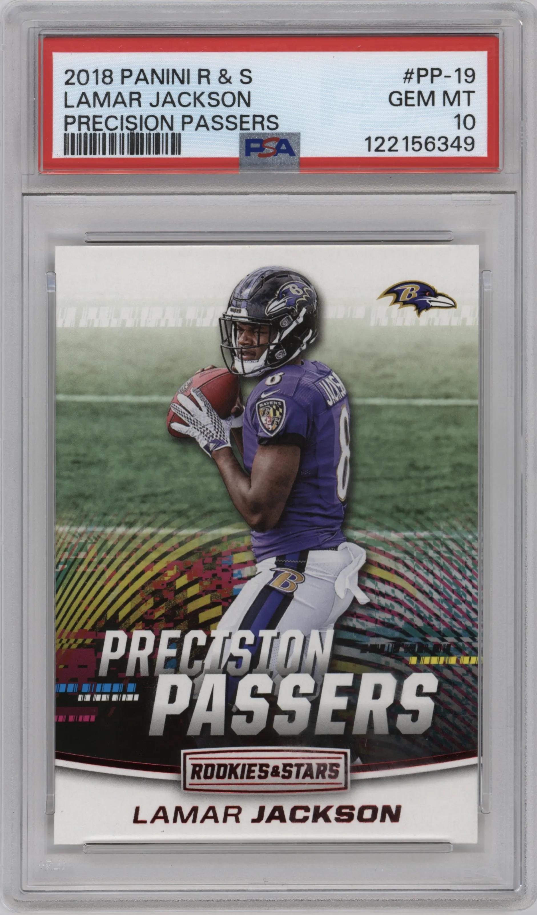 Lamar Jackson from the 2018 Panini Rookies & Stars set graded by PSA and given an overall grade of 10.