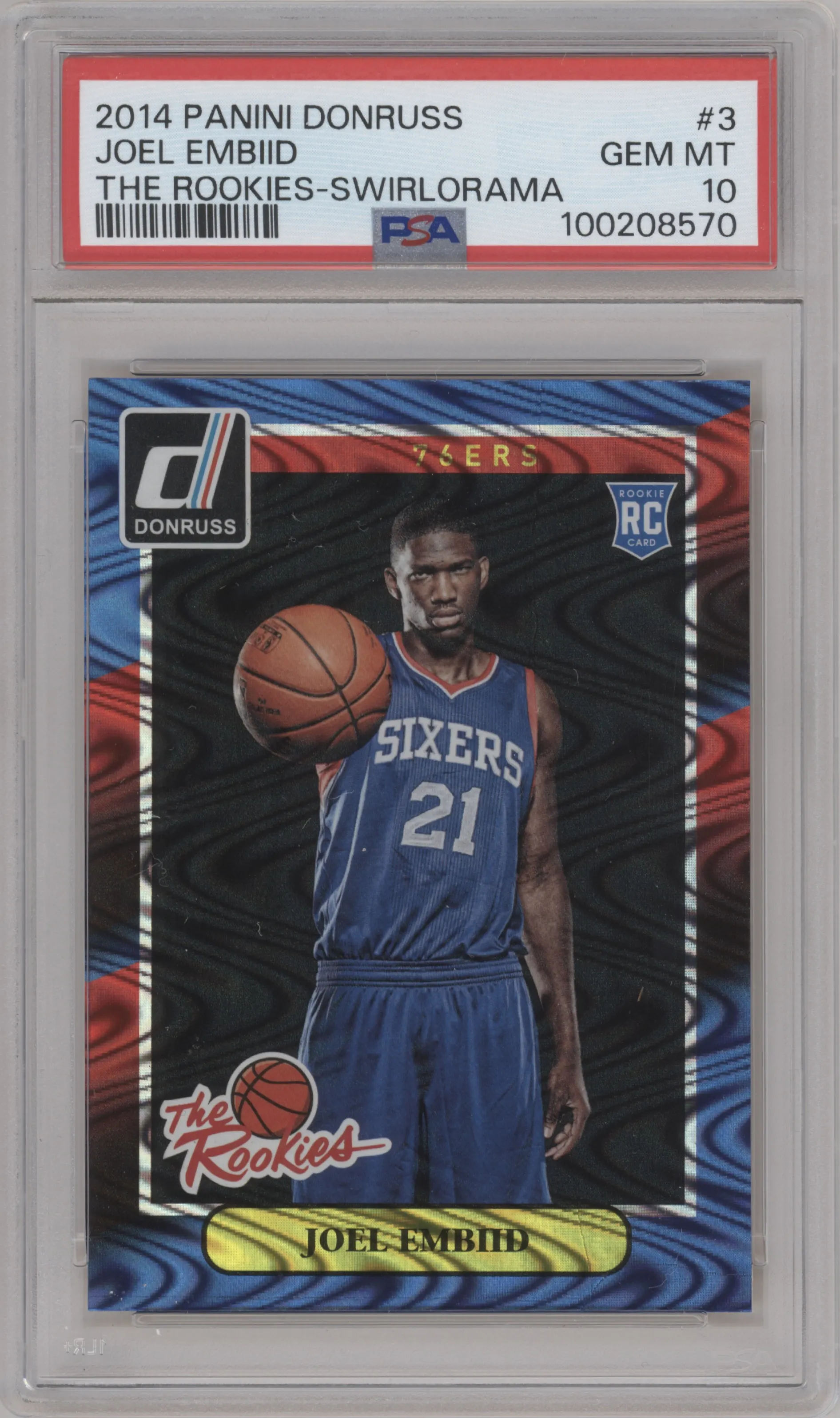 Joel Embiid from the 2014-15 Panini Donruss  set featuring a Swirlorama parallel graded by PSA and given an overall grade of 10.