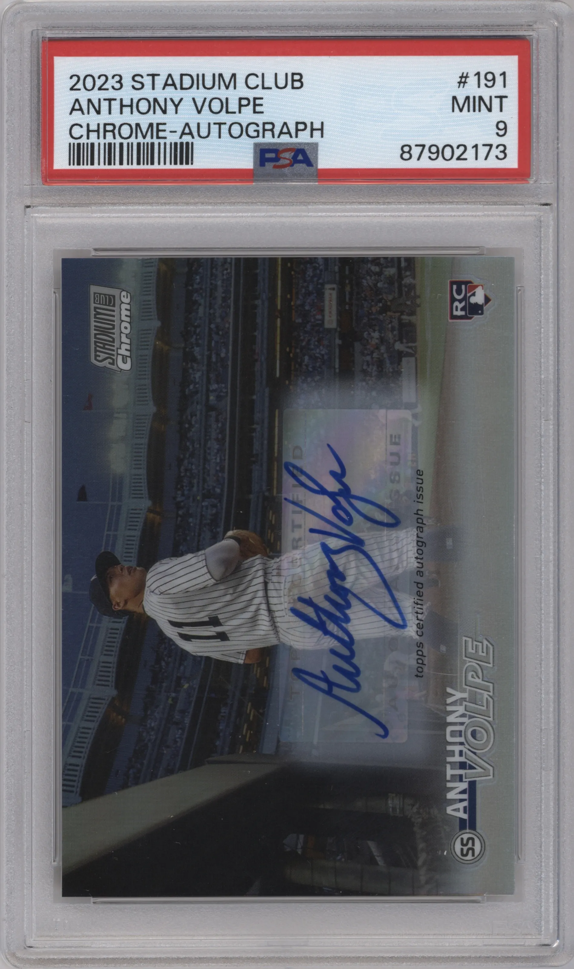 Anthony Volpe from the 2023 Topps Stadium Club set graded by PSA and given an overall grade of 9.