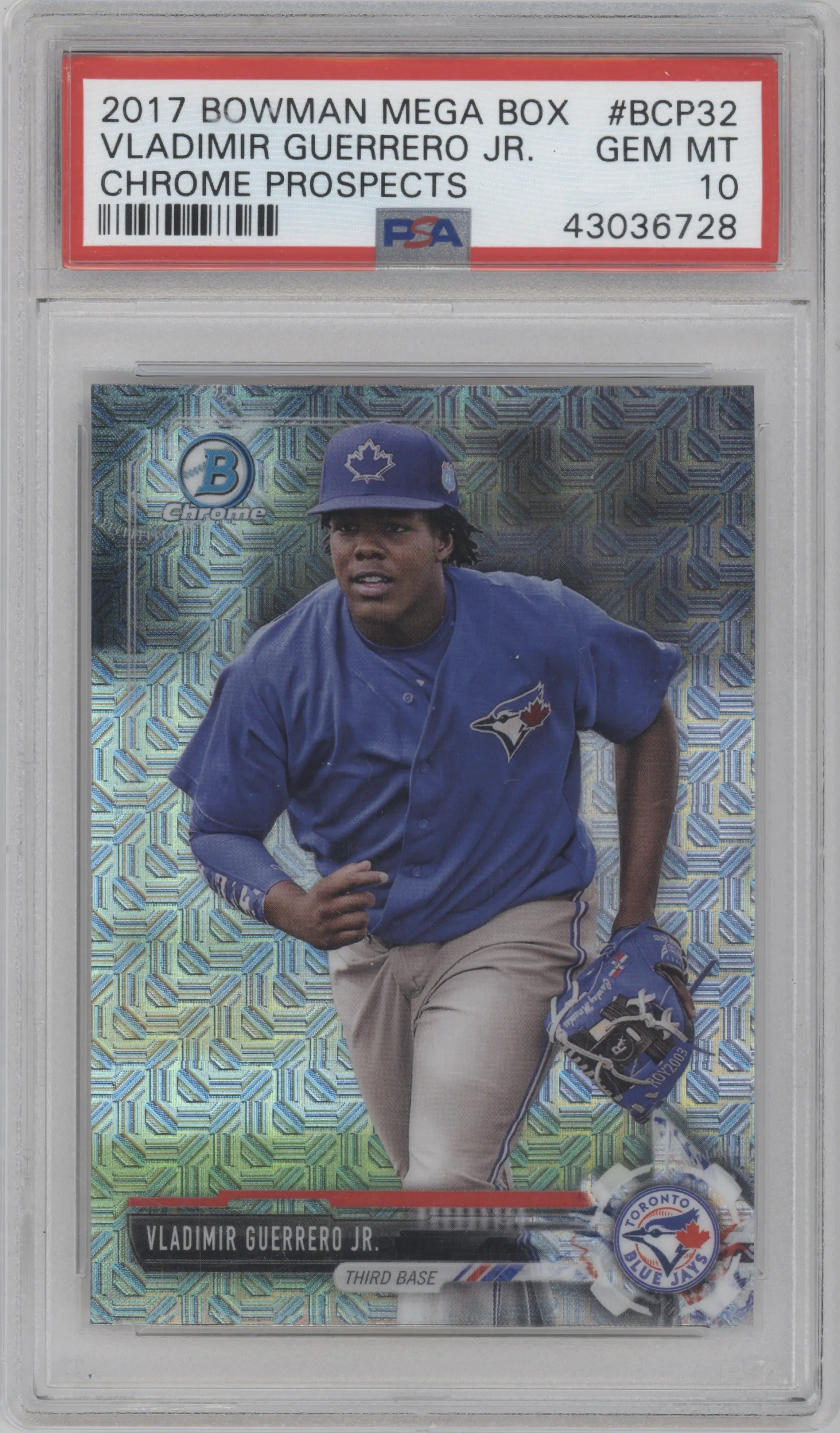 Vladimir Guerrero Jr. from the 2017 Bowman Mega Box Chrome set graded by PSA and given an overall grade of 10.