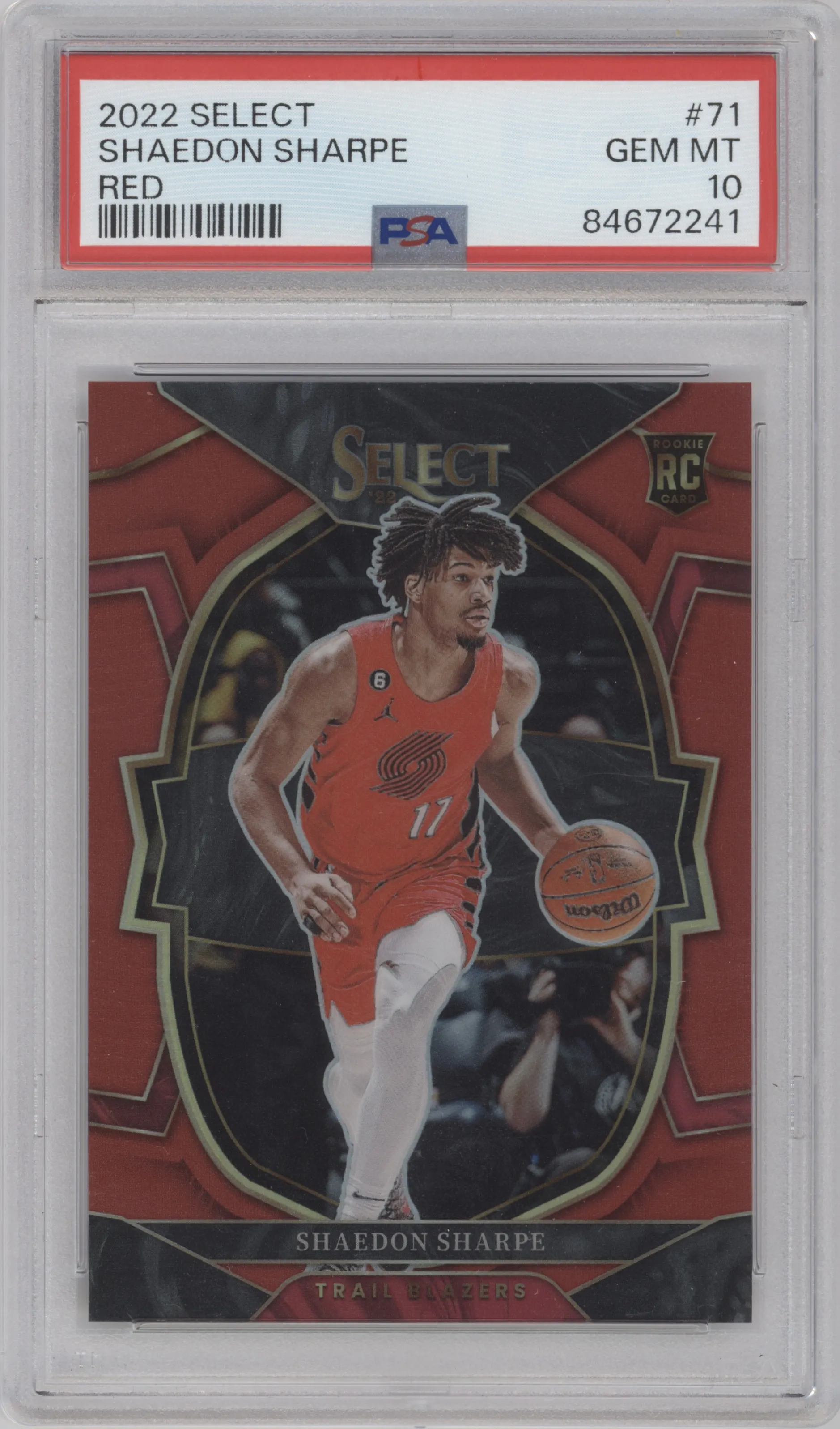 Shaedon Sharpe from the 2022-23 Panini Select set featuring a Red Prizm parallel graded by PSA and given an overall grade of 10.