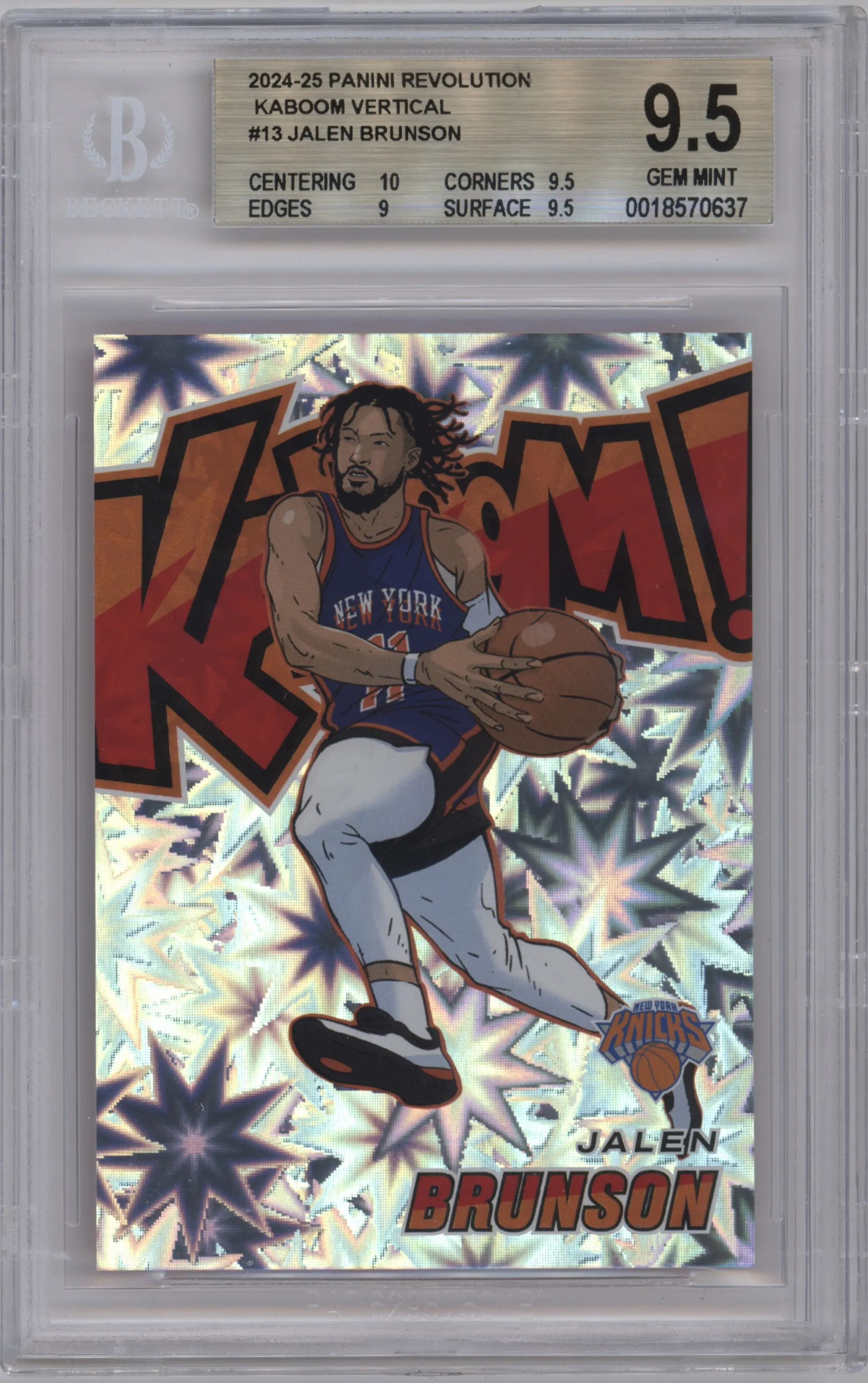 Jalen Brunson from the 2024-25 Panini Revolution set graded by Beckett and given an overall grade of 9.5.