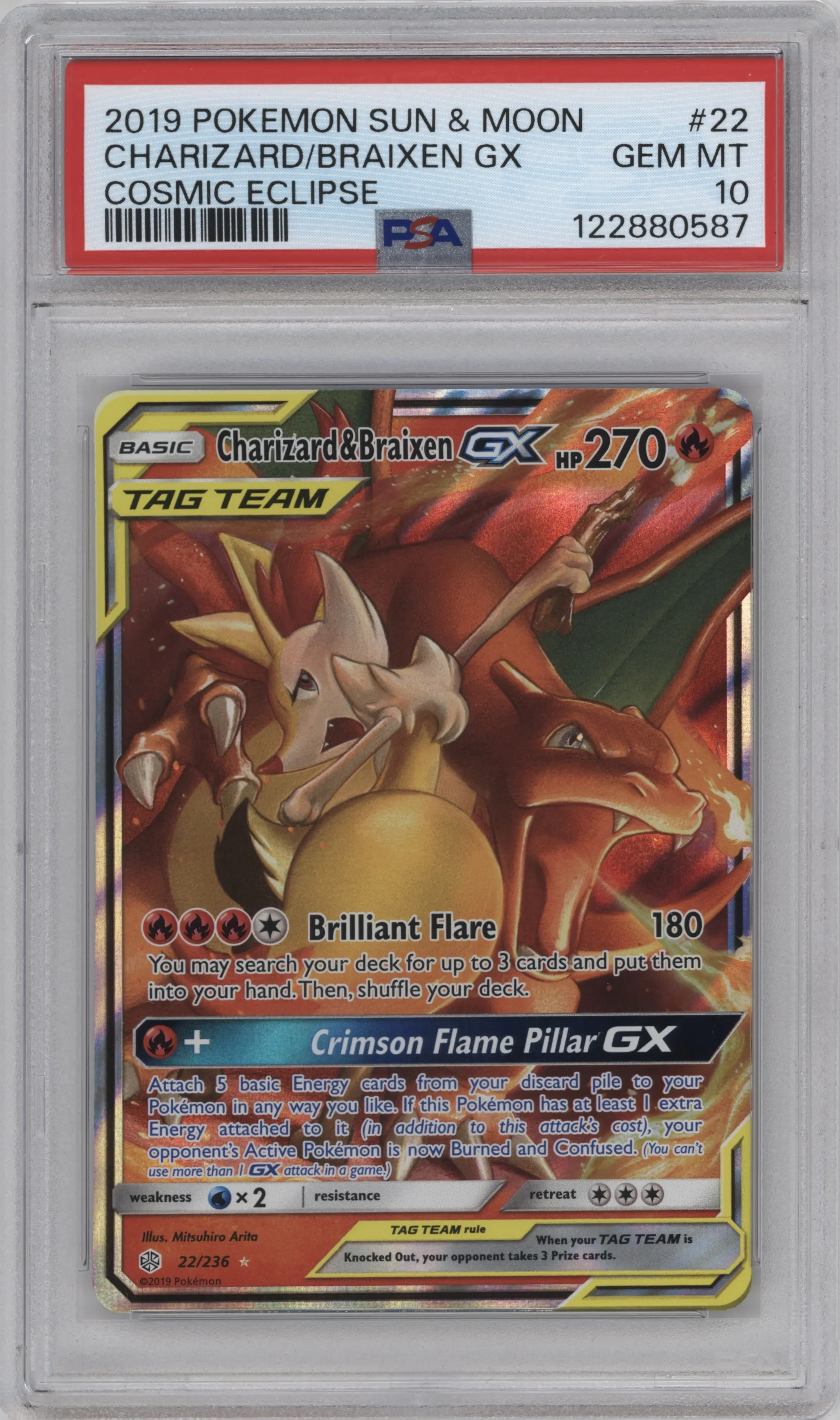 Charizard/Braixen GX from the 2019 Pokemon S&M  set graded by PSA and given an overall grade of 10.