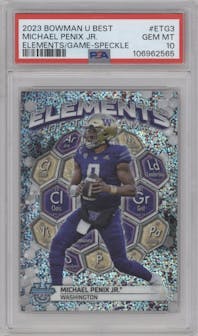 Michael Penix Jr. from the 2023 Bowman University's Best  set featuring a Speckle Refractor parallel graded by PSA and given an overall grade of 10.