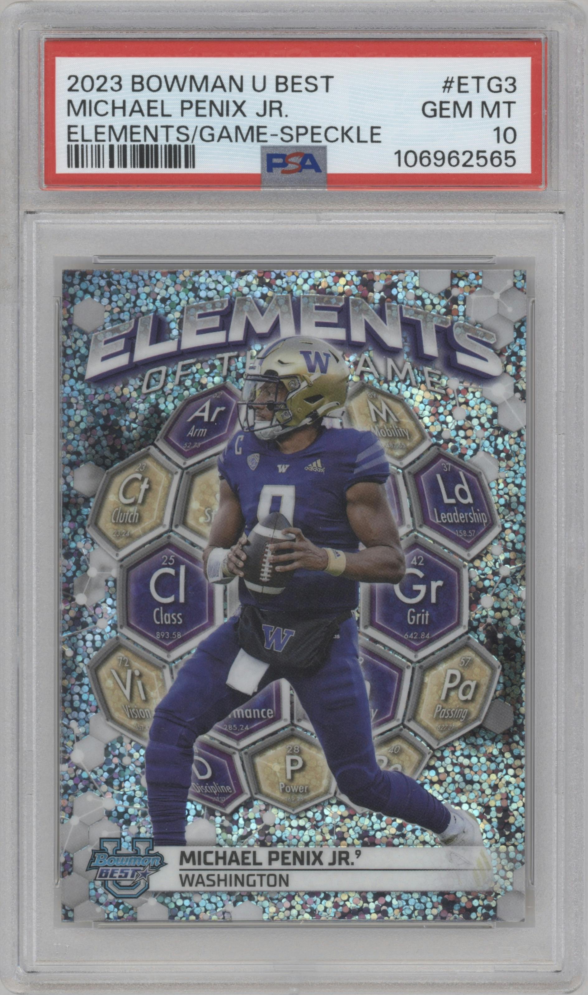 Michael Penix Jr. from the 2023 Bowman University's Best  set featuring a Speckle Refractor parallel graded by PSA and given an overall grade of 10.